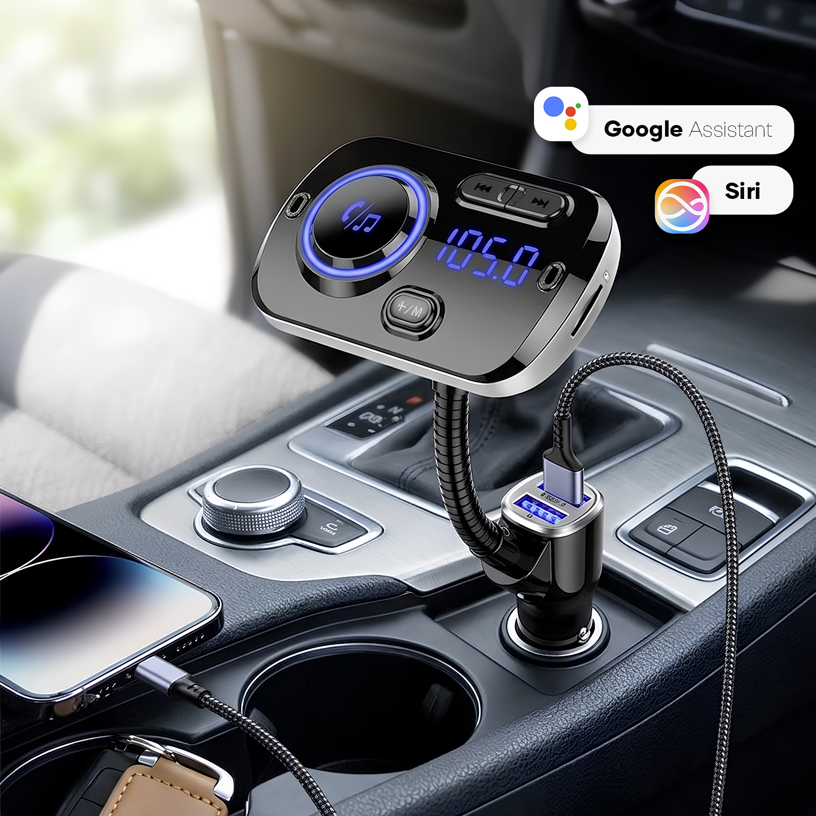 Caricabatterie auto con trasmettitore Bluetooth, carica telefono, display 105.0 FM.