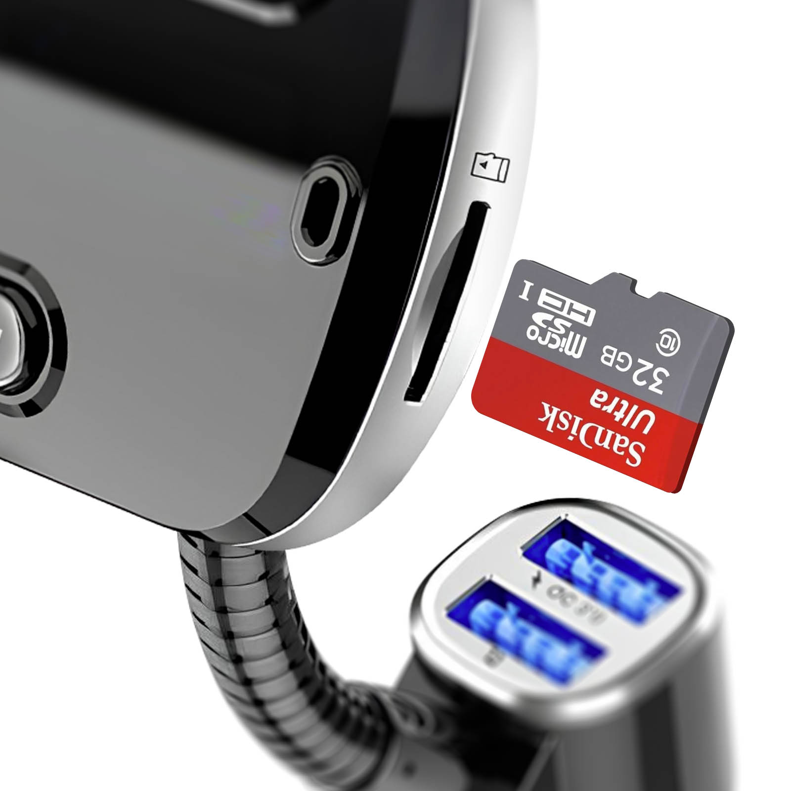 Una scheda micro SD SanDisk da 32 GB è inserita in un caricabatterie per auto con due porte USB blu.