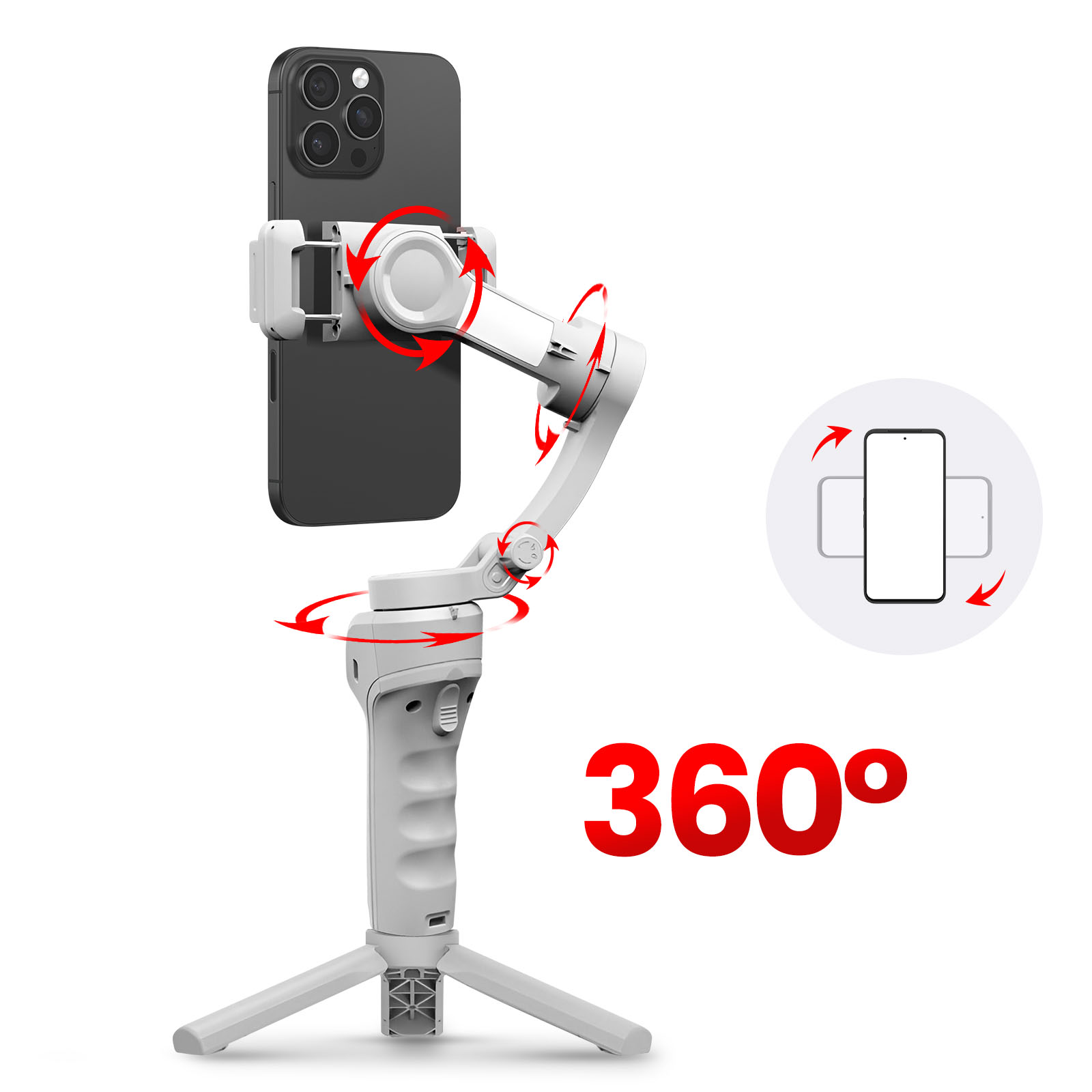 Un gimbal bianco con uno smartphone, frecce rosse indicano movimento a 360 gradi.