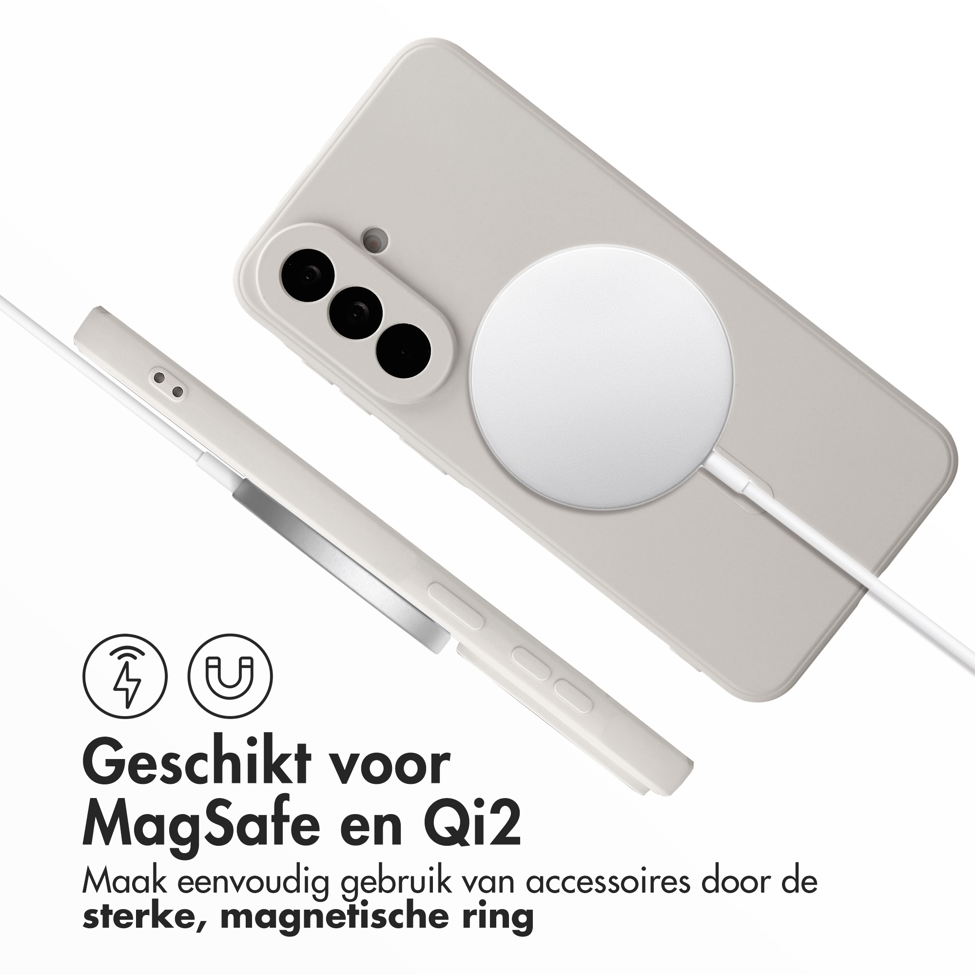 Un smartphone blanc avec chargeur MagSafe et étui de protection.