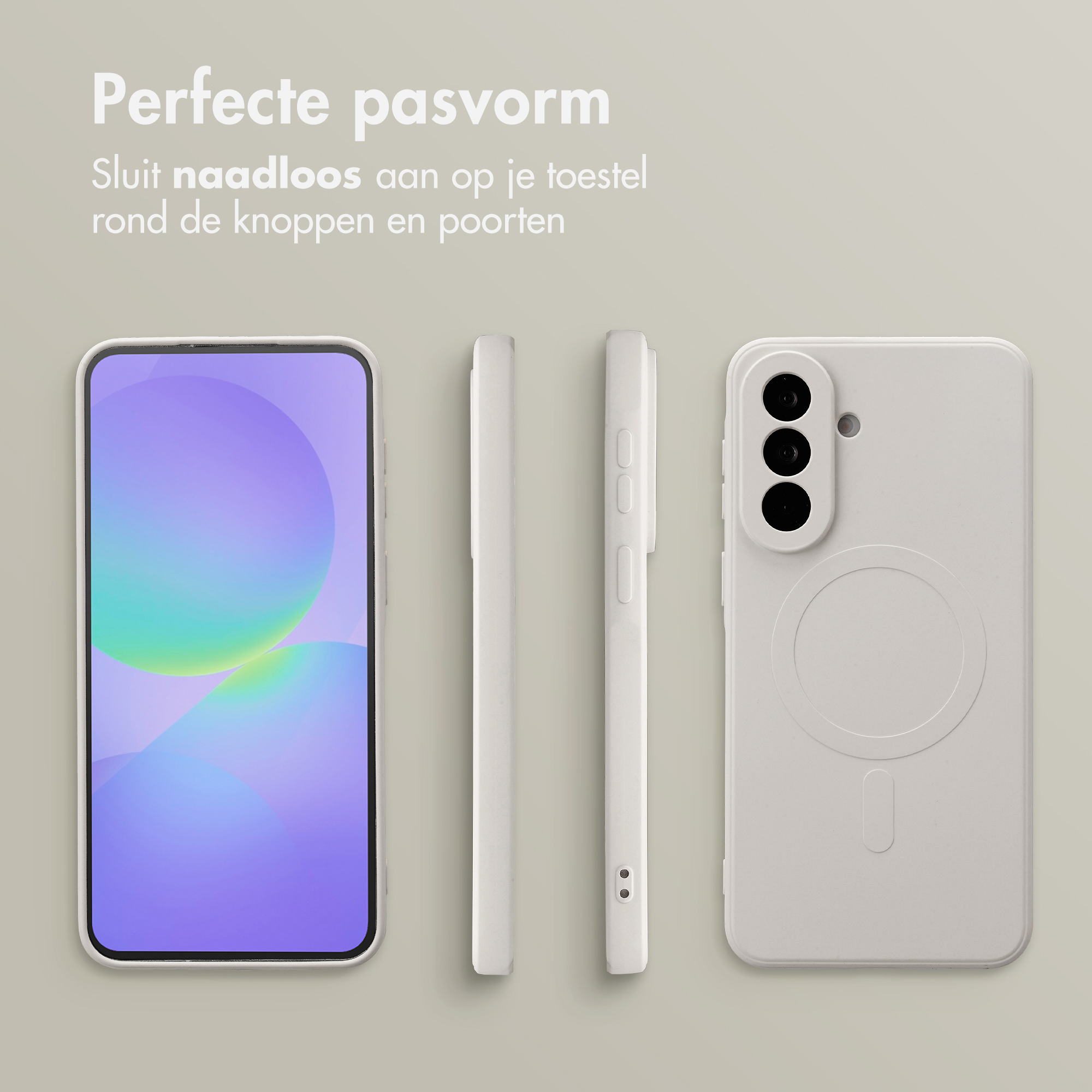 Un smartphone blanc avec étui, vues de face et de dos.
