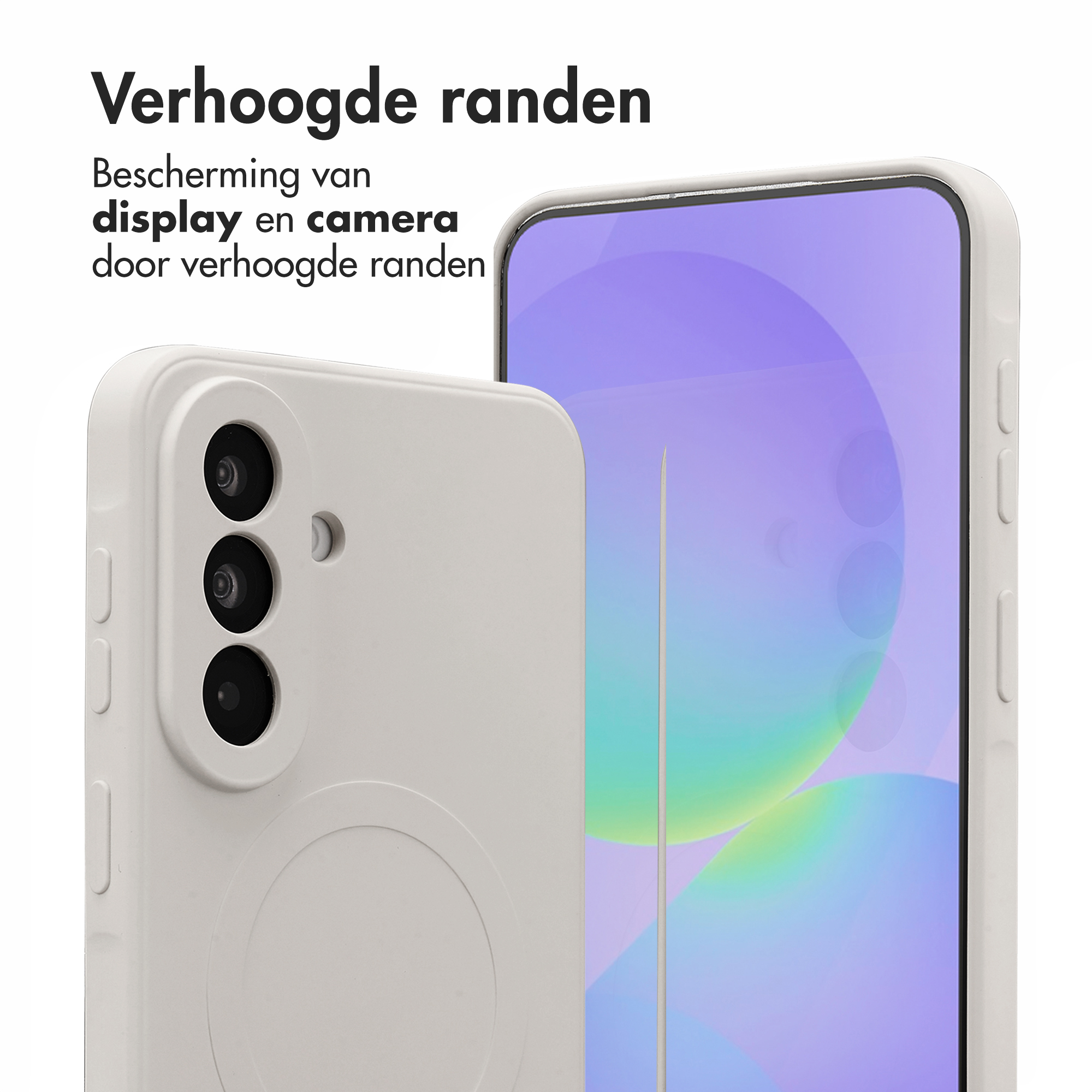 Un téléphone blanc avec un renflement de caméra surélevé et un fond d'écran violet.
