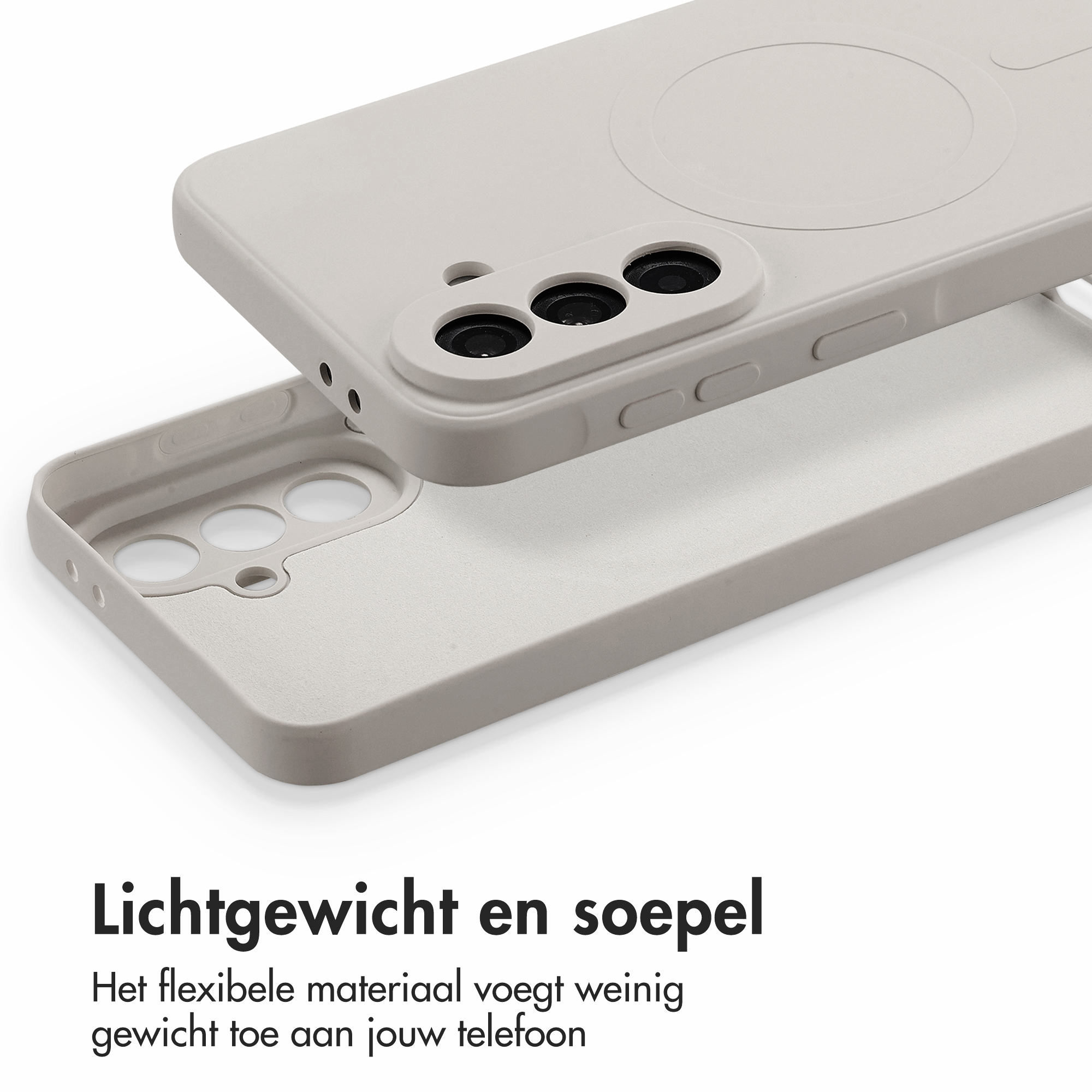 Coque de téléphone souple et légère grise avec découpes caméra.