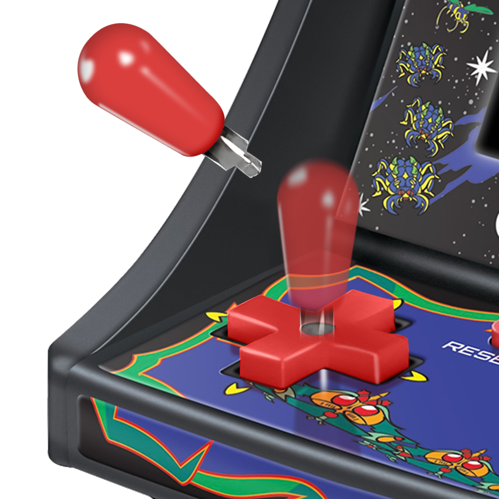 Joystick rosso su un gioco arcade retrò con alieni e draghi.