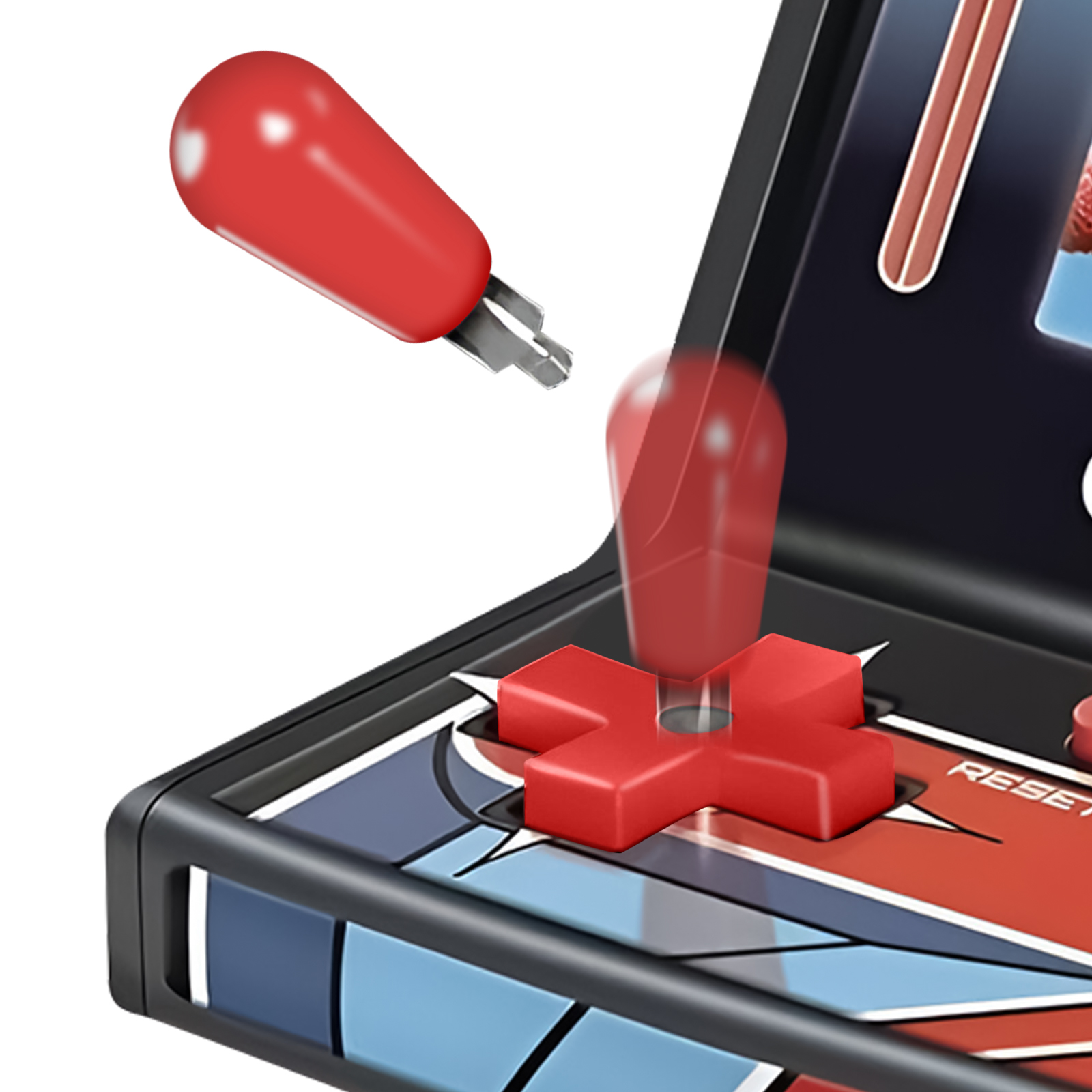 Un joystick rojo sobre un D-pad rojo en un controlador arcade negro.