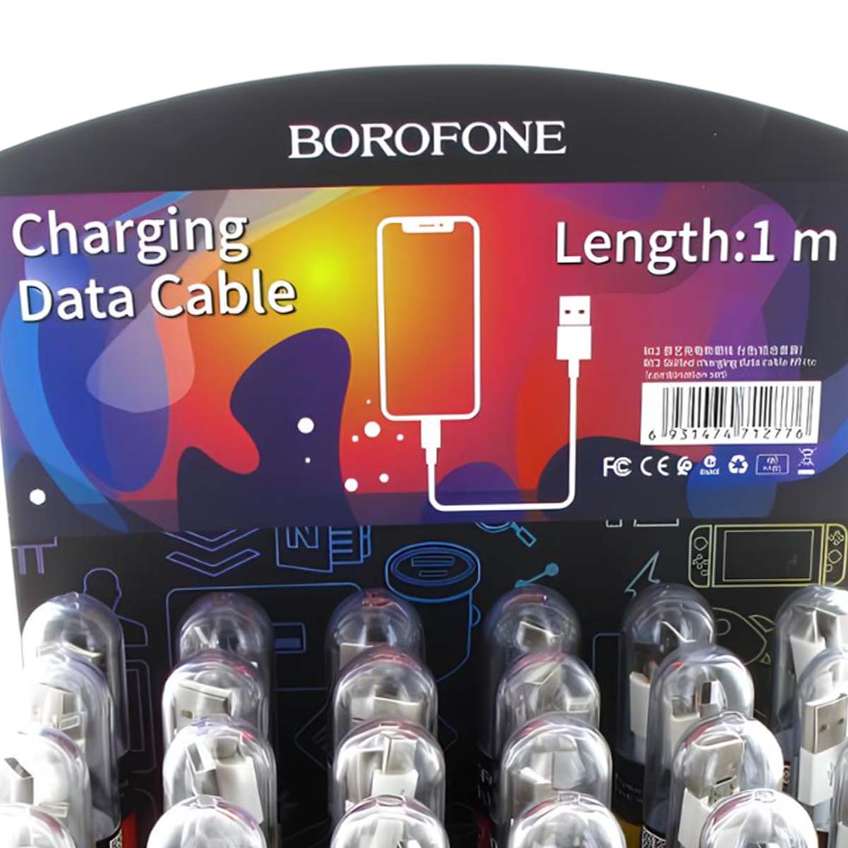 Cavo dati di ricarica Borofone, lungo 1m, con grafica telefono e certificazioni.