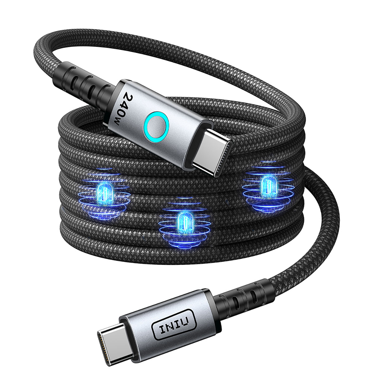 Un cavo USB-C nero con connettori argentati ed effetti luminosi blu.