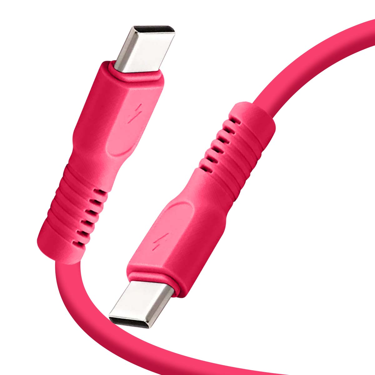 Due cavi USB-C rosa con connettori argentati su sfondo bianco.