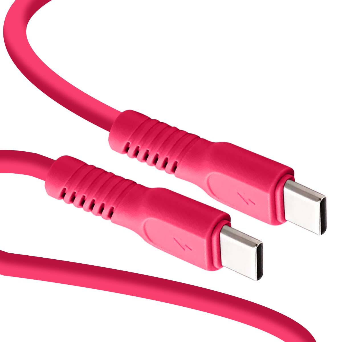 Due estremità di cavo USB-C rosa con connettori argentati su sfondo bianco.