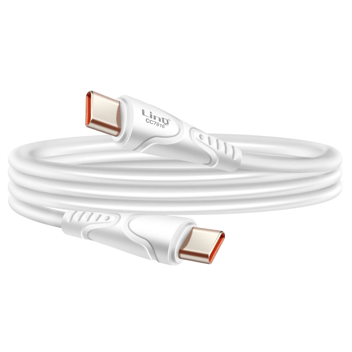 Un cavo USB-C bianco con accenti rossi giace su sfondo bianco.