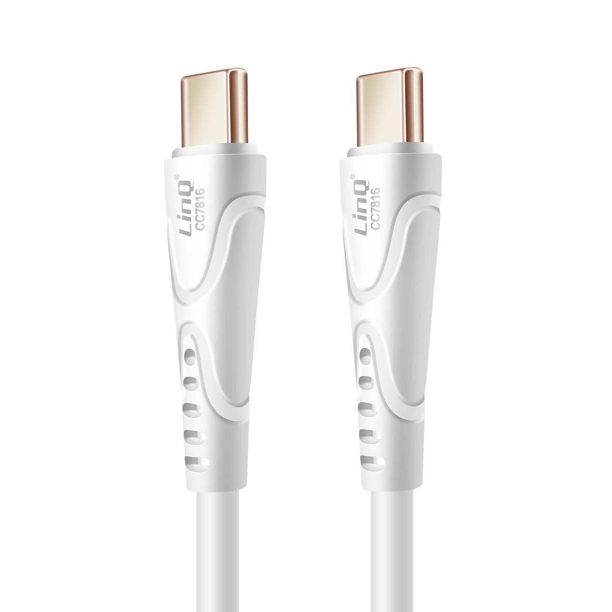 Due cavi USB-C bianchi con connettori dorati e marchio Linq bianco.
