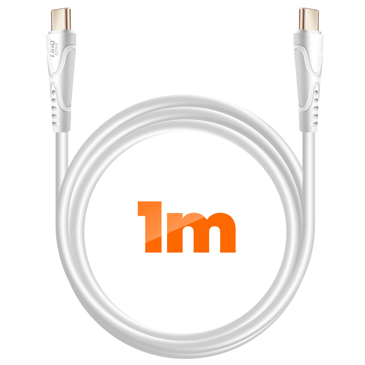 Un cavo USB-C bianco da 1m, arrotolato. Connettori dorati.