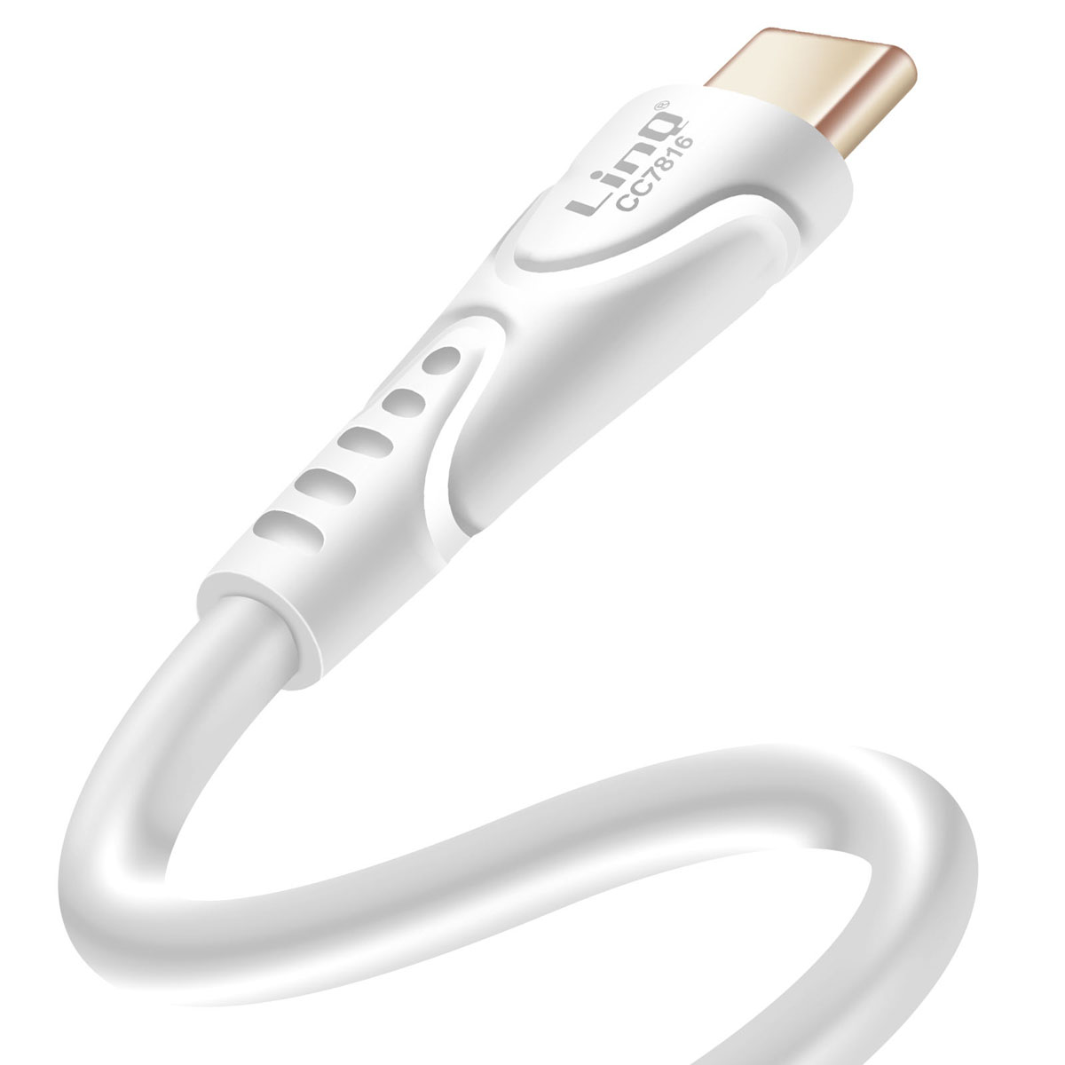 Un cavo USB-C bianco con connettore dorato e il nome del marchio 'Ling'.