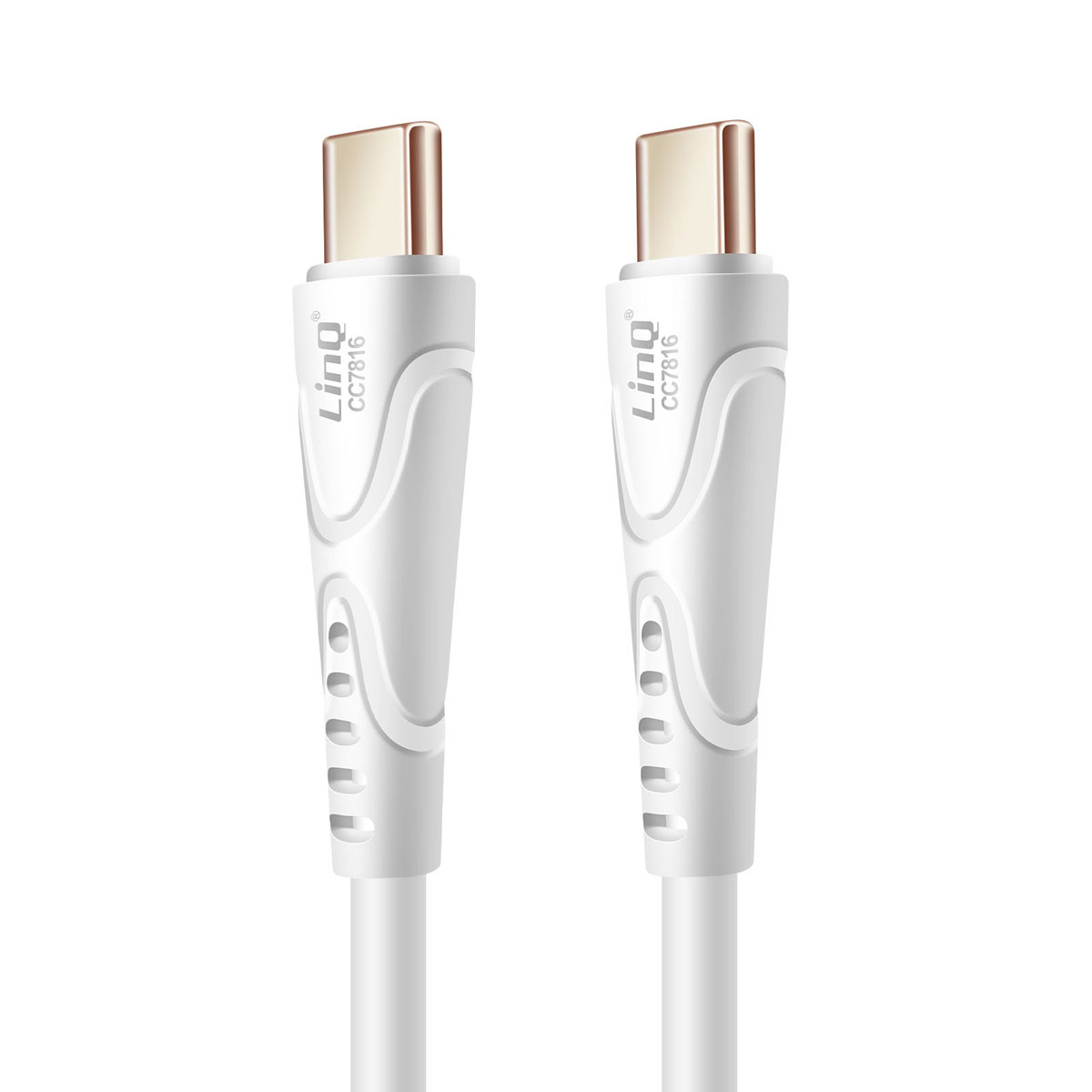 Due cavi USB-C bianchi con connettori dorati su sfondo bianco.