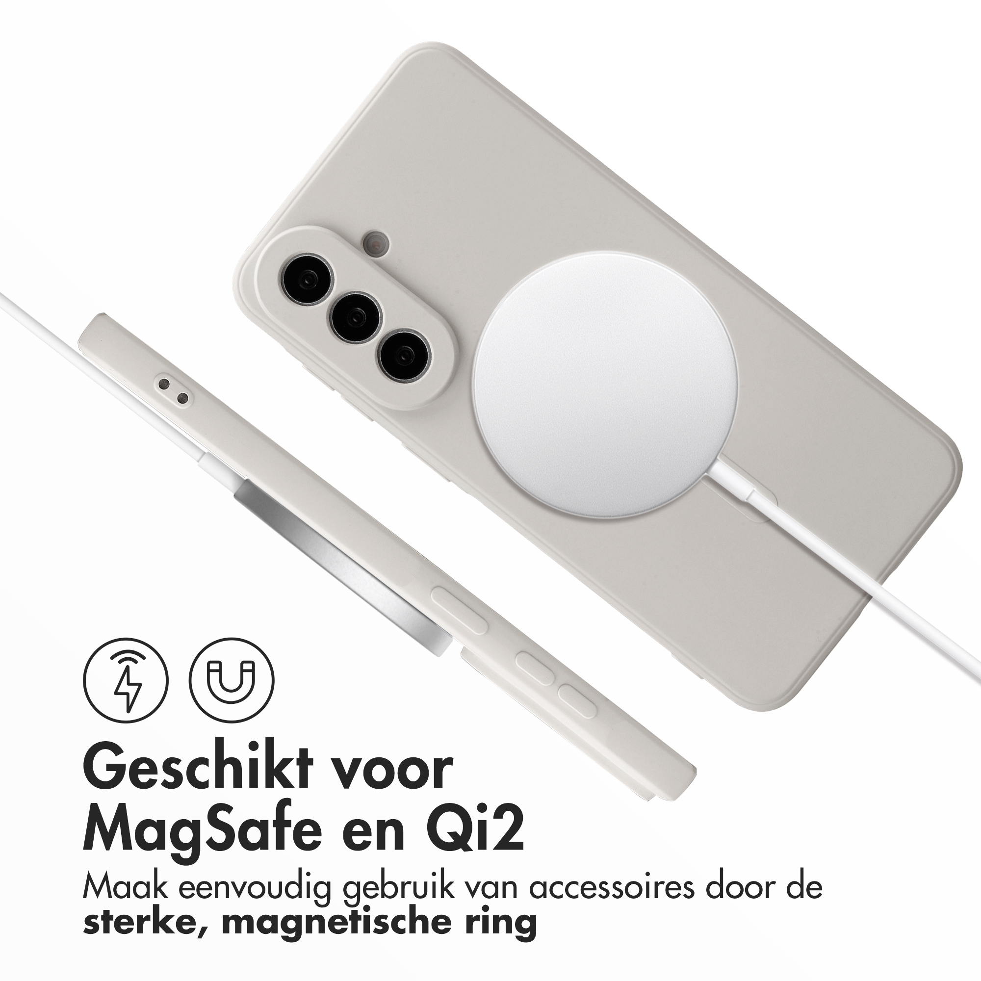 Een witte smartphone met MagSafe-lader en Qi2-compatibiliteit.