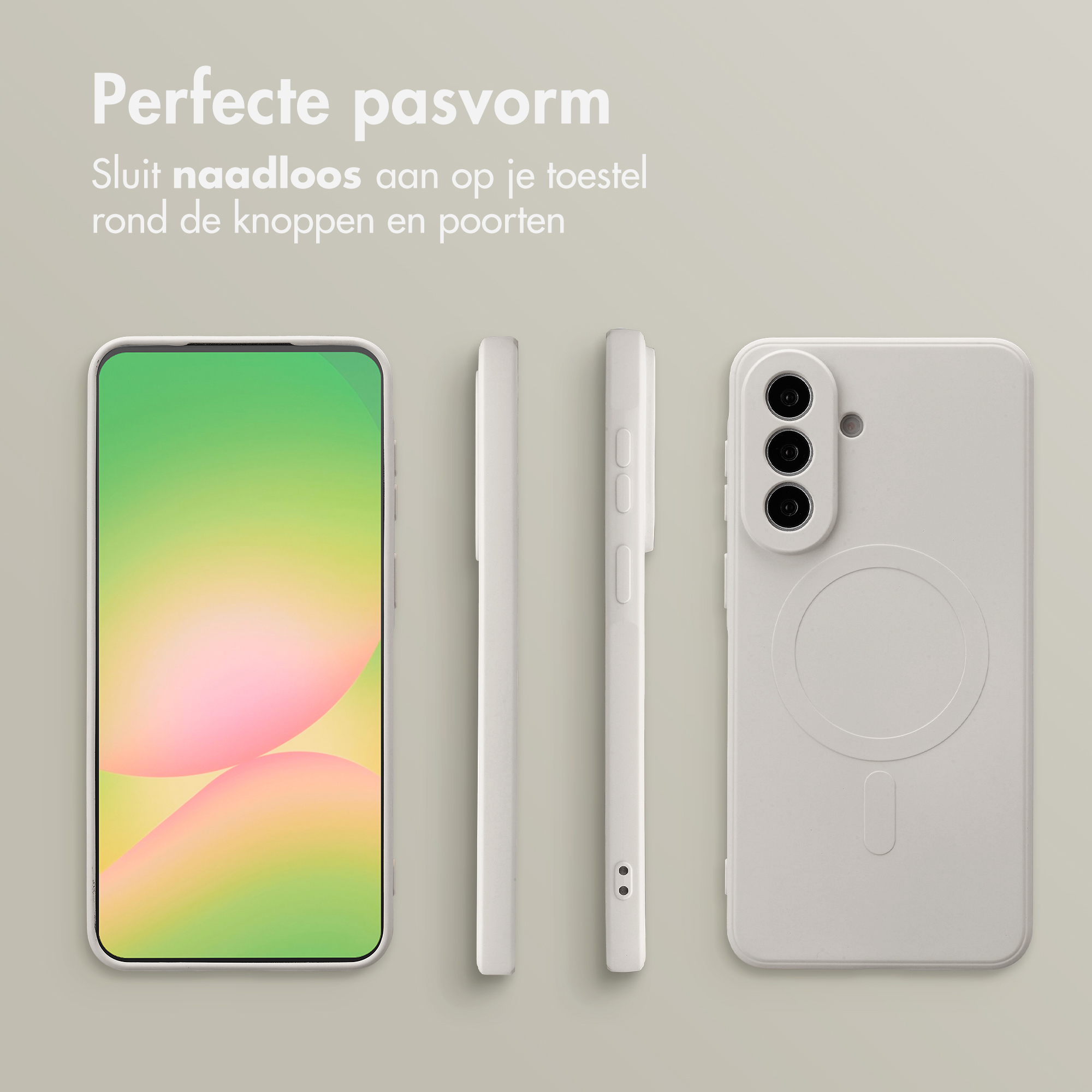 Een witte telefoonhoes, van voor, zijkant en achterkant getoond.
