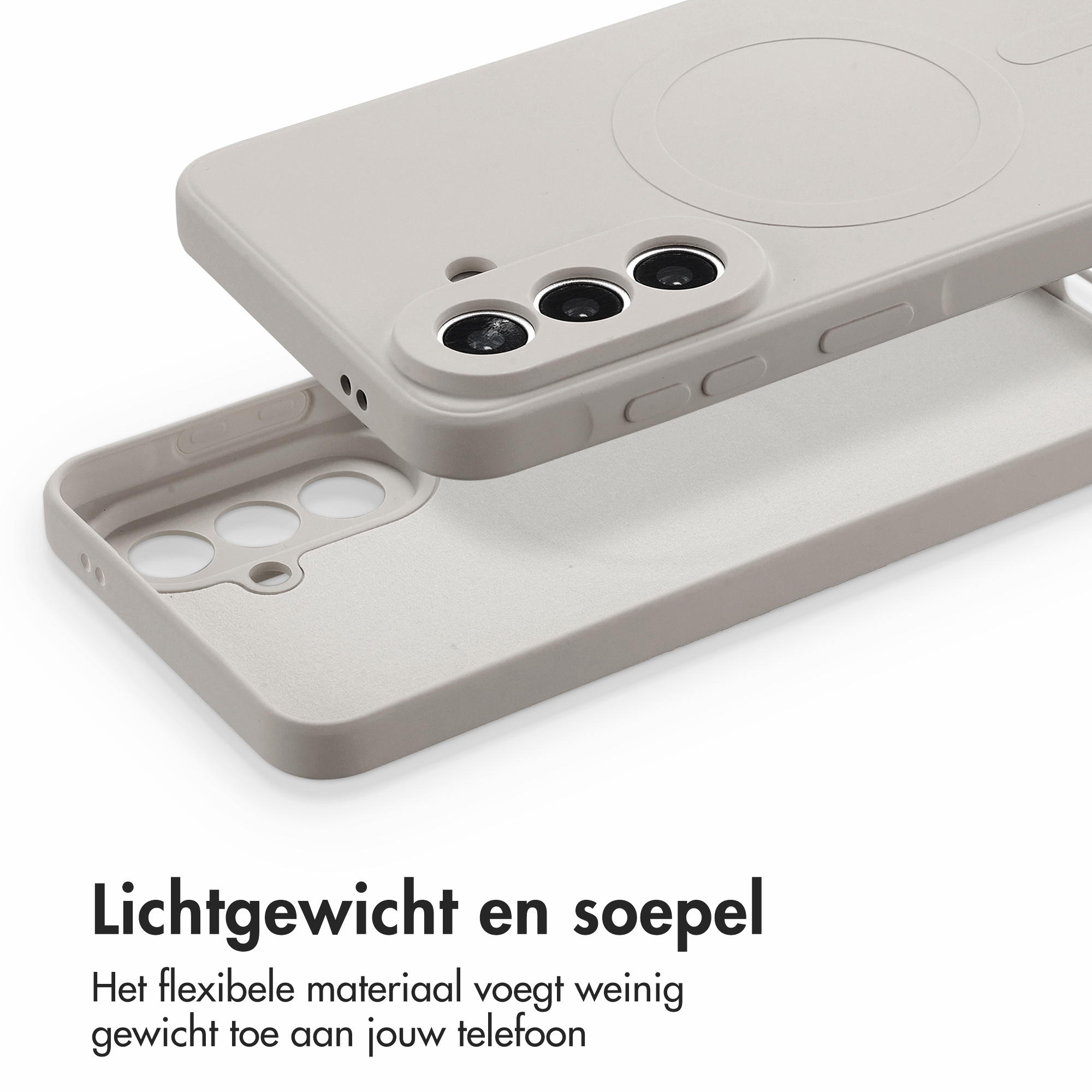 Grijze telefoonhoes met drie cameralenzen en magnetische ring.