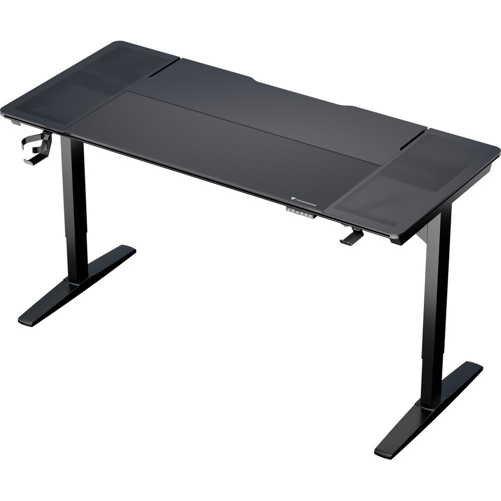 Ein schwarzer, höhenverstellbarer Schreibtisch mit zwei Beinen und einer glatten Oberfläche.