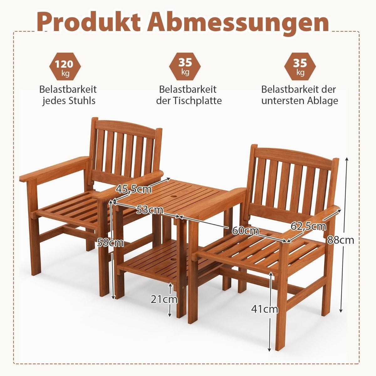 Wooden garden furniture with dimensions: 2 chairs, 1 table with shelf. Load capacity 120kg/chair, 35kg/tabletop/shelf.