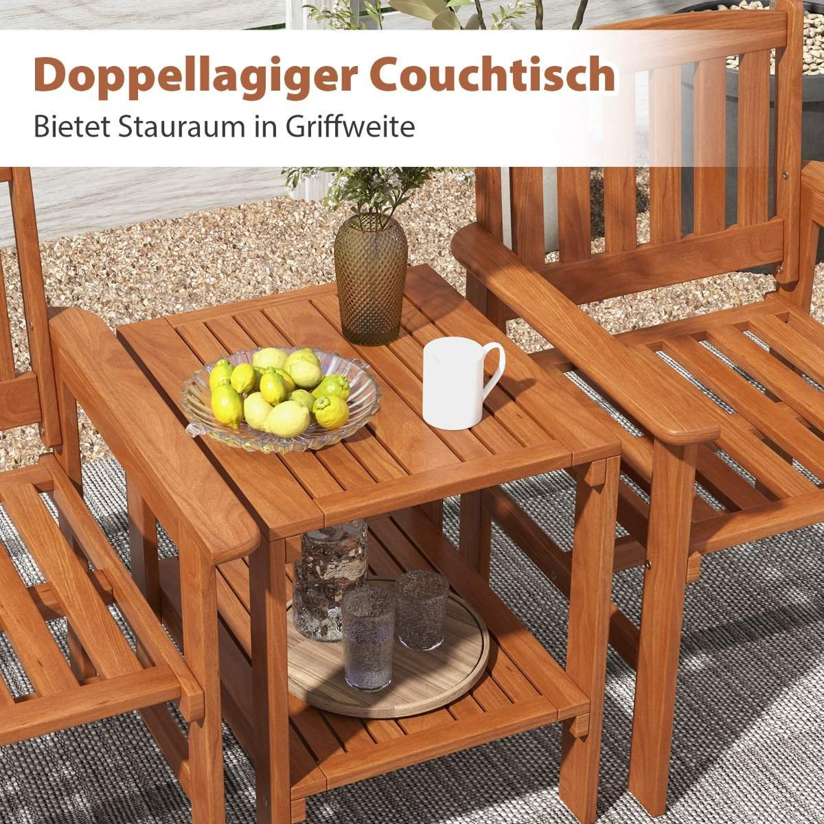 Wooden table with lemons, mug, vase, and glasses, surrounded by wooden chairs.