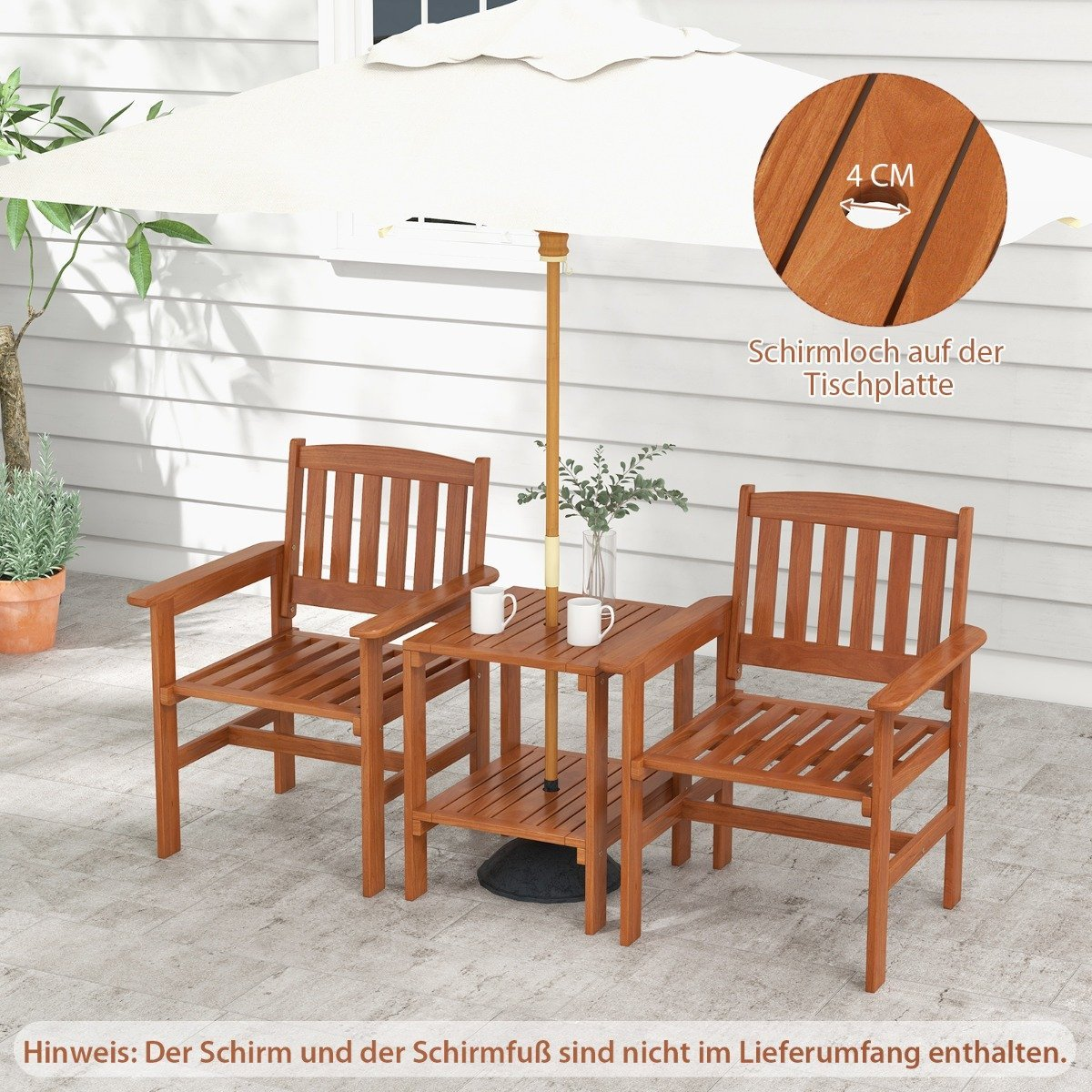 Two wooden chairs and a small table with an umbrella hole on a patio.