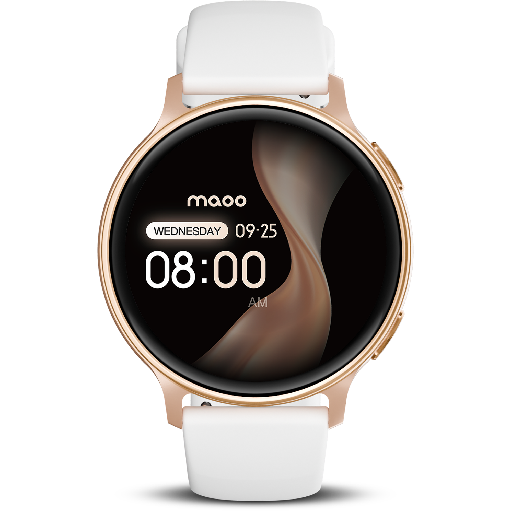 Uno smartwatch dorato con cinturino bianco mostra le 08:00.