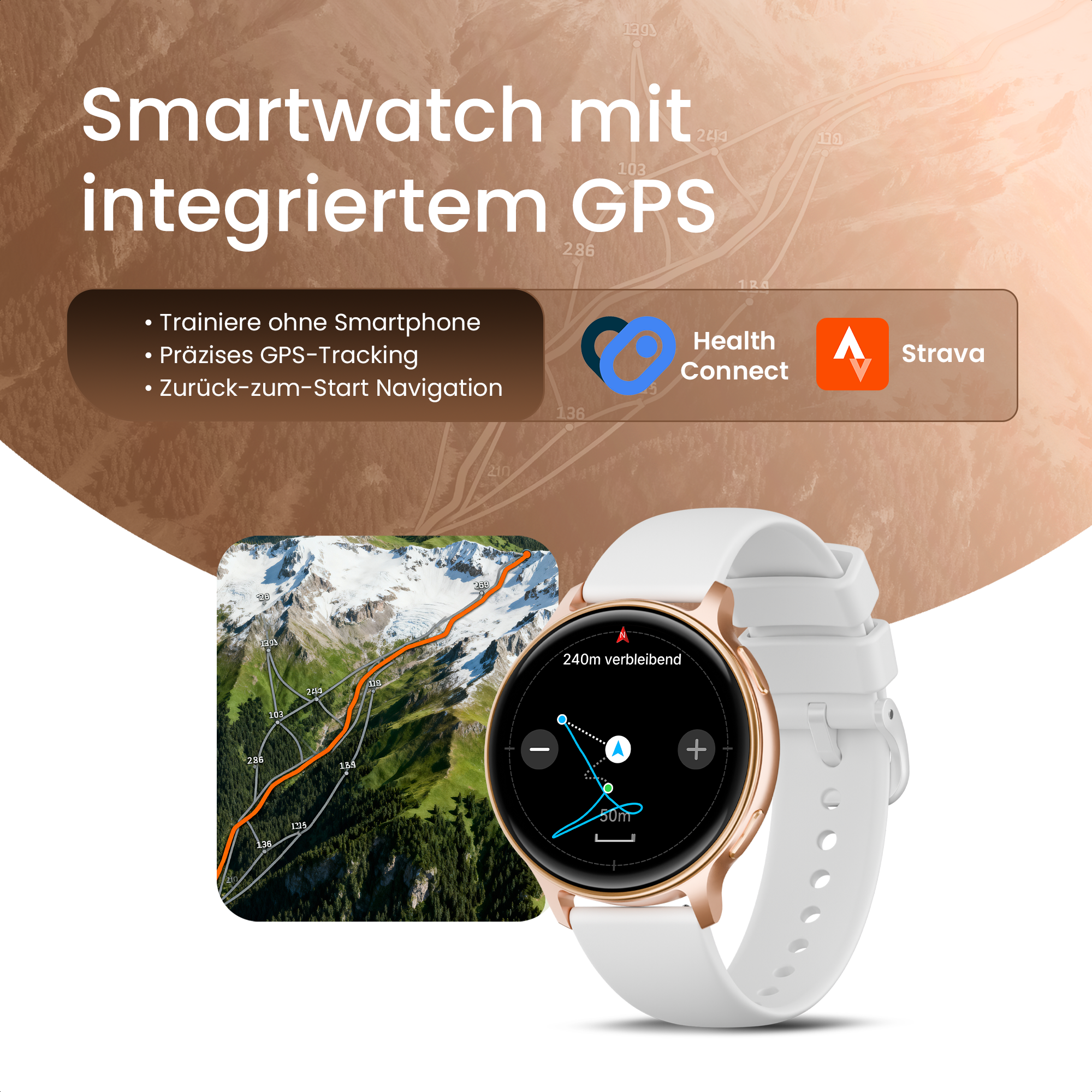 Smartwatch con GPS mostra percorso montano sul display. Funzionalità a sinistra.