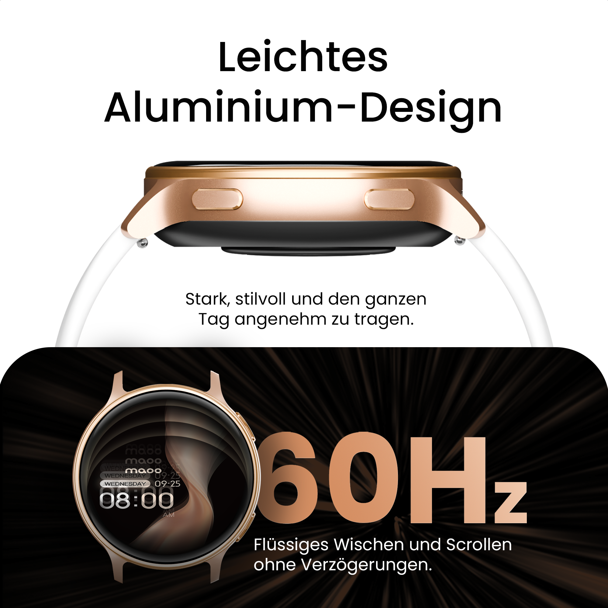Smartwatch dorata con cinturino bianco, display 60Hz. Alluminio leggero.