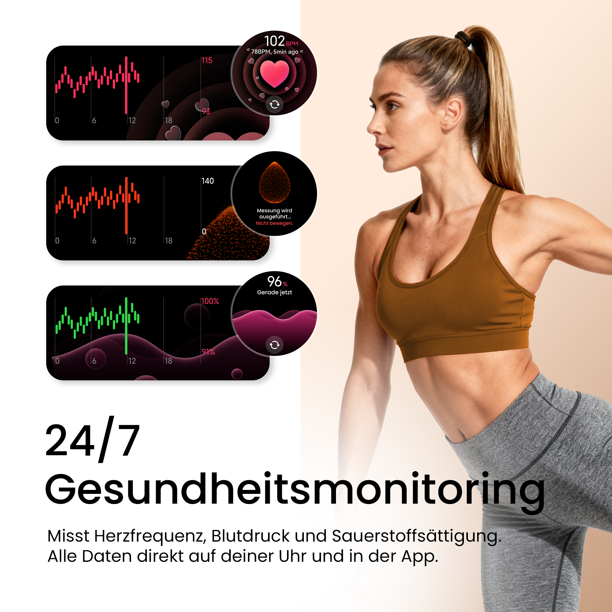 Donna con dati del fitness tracker che mostrano frequenza cardiaca, pressione sanguigna e saturazione di ossigeno.