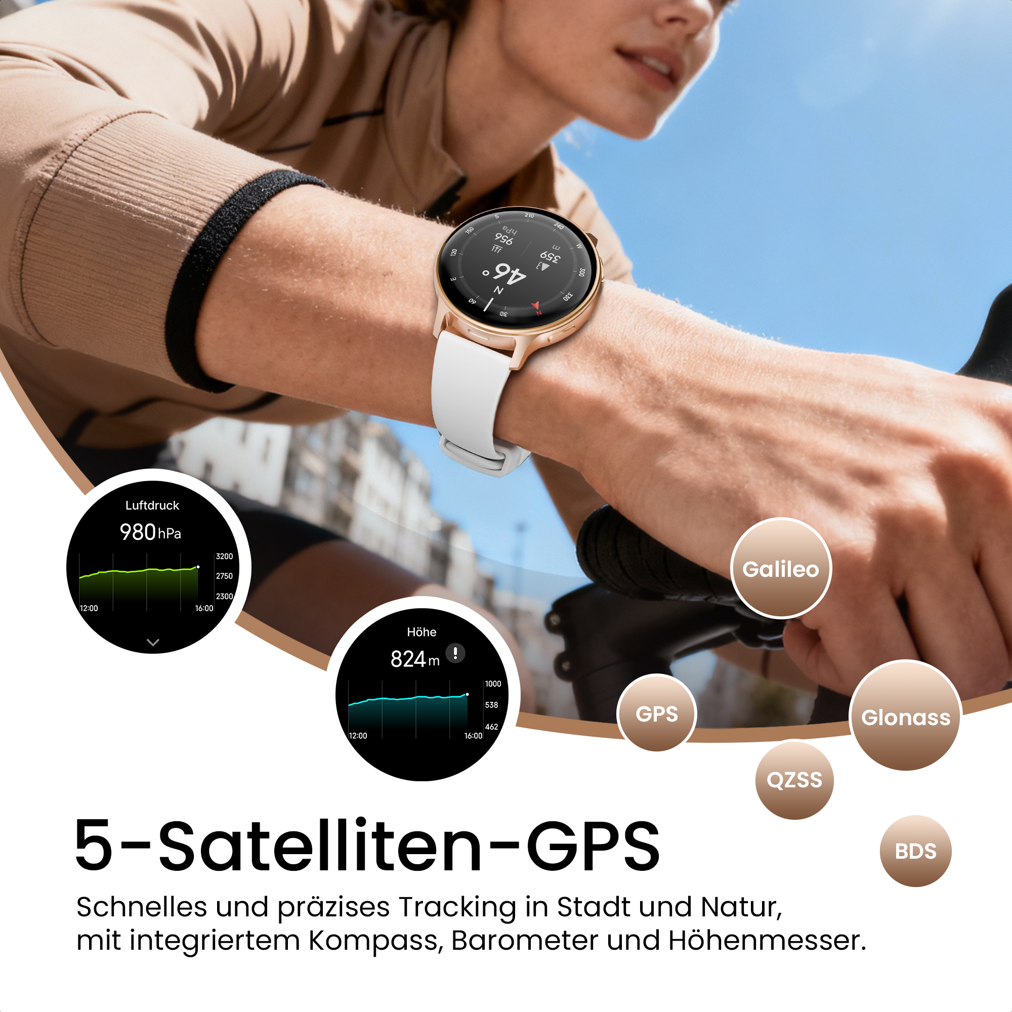 Eine Frau mit einer Smartwatch am Handgelenk beim Radfahren. Angezeigt werden GPS-Daten.