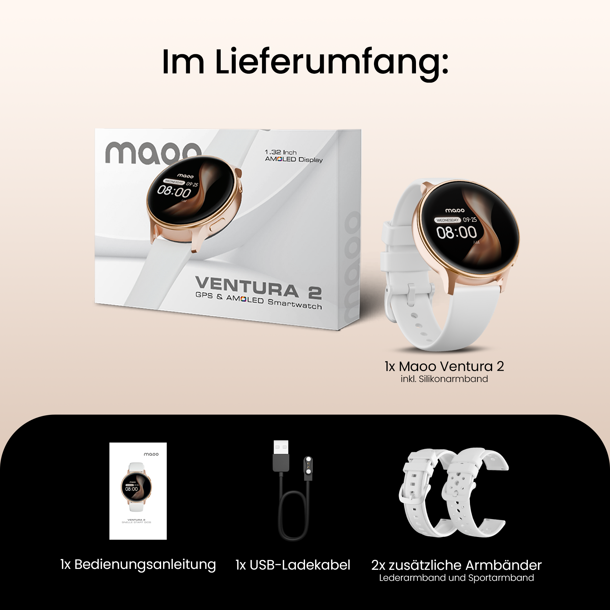 Lieferumfang: Smartwatch, Ladekabel, Anleitung, 2 Armbänder.
