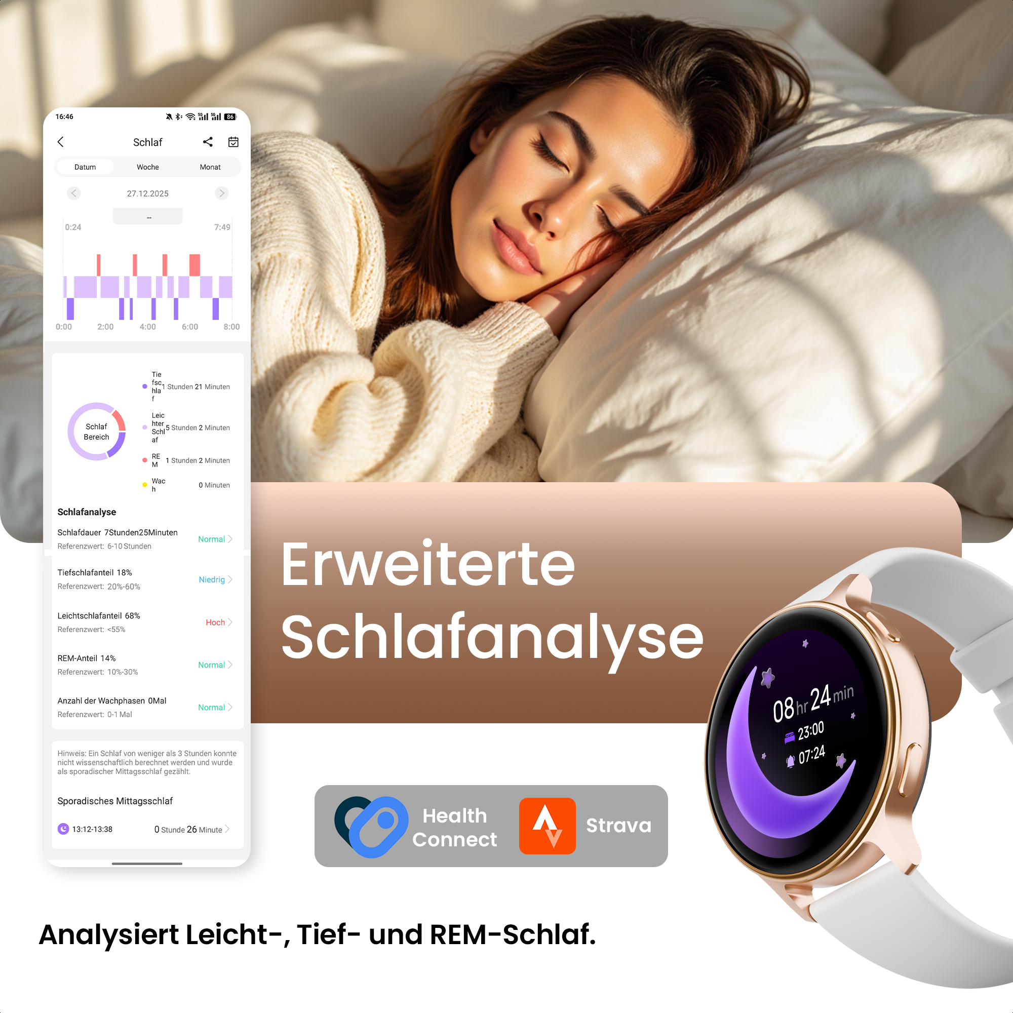 Donna che dorme, telefono mostra app dati sonno con grafici e orologio con analisi.