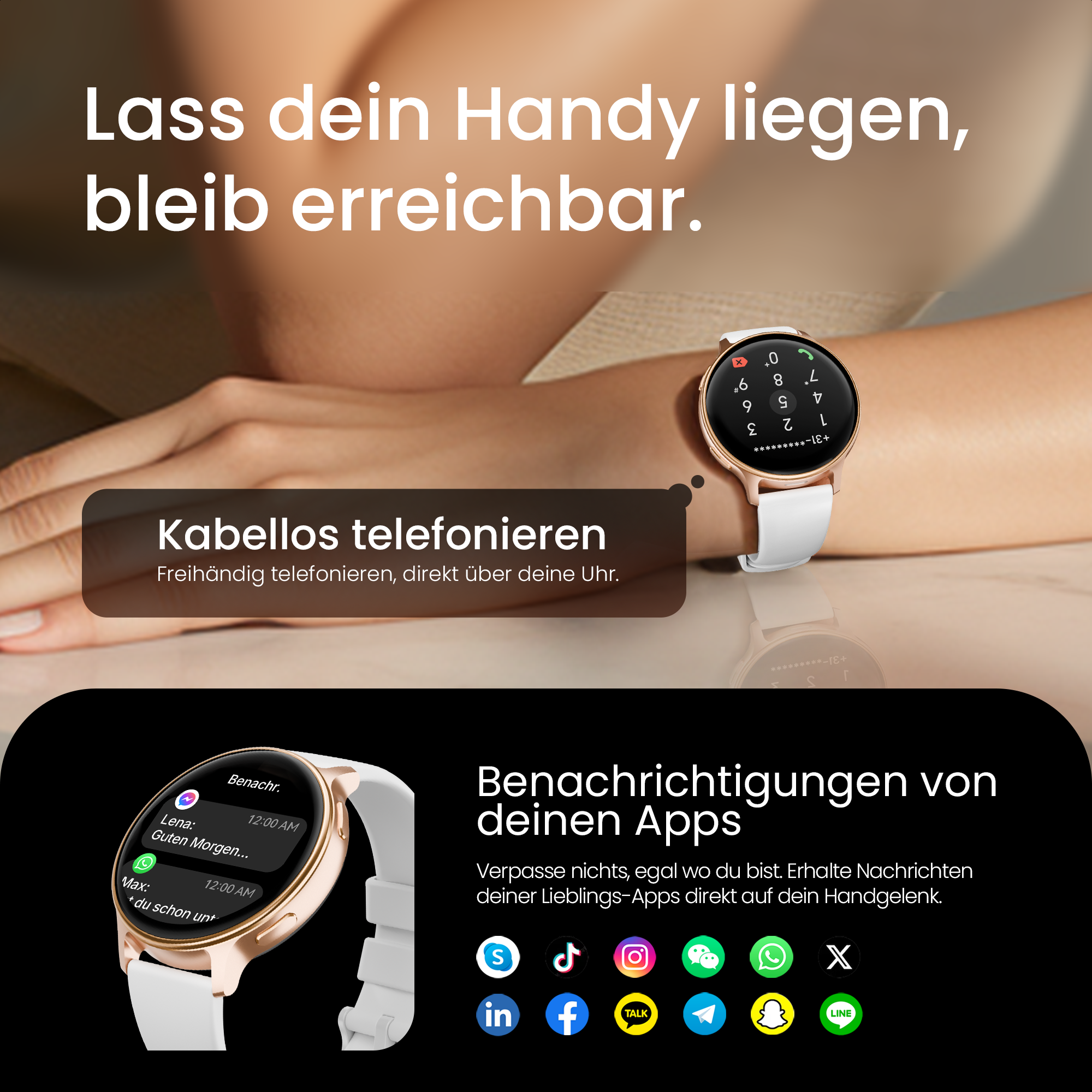 Un orologio con cinturino bianco mostra chiamate e notifiche app.