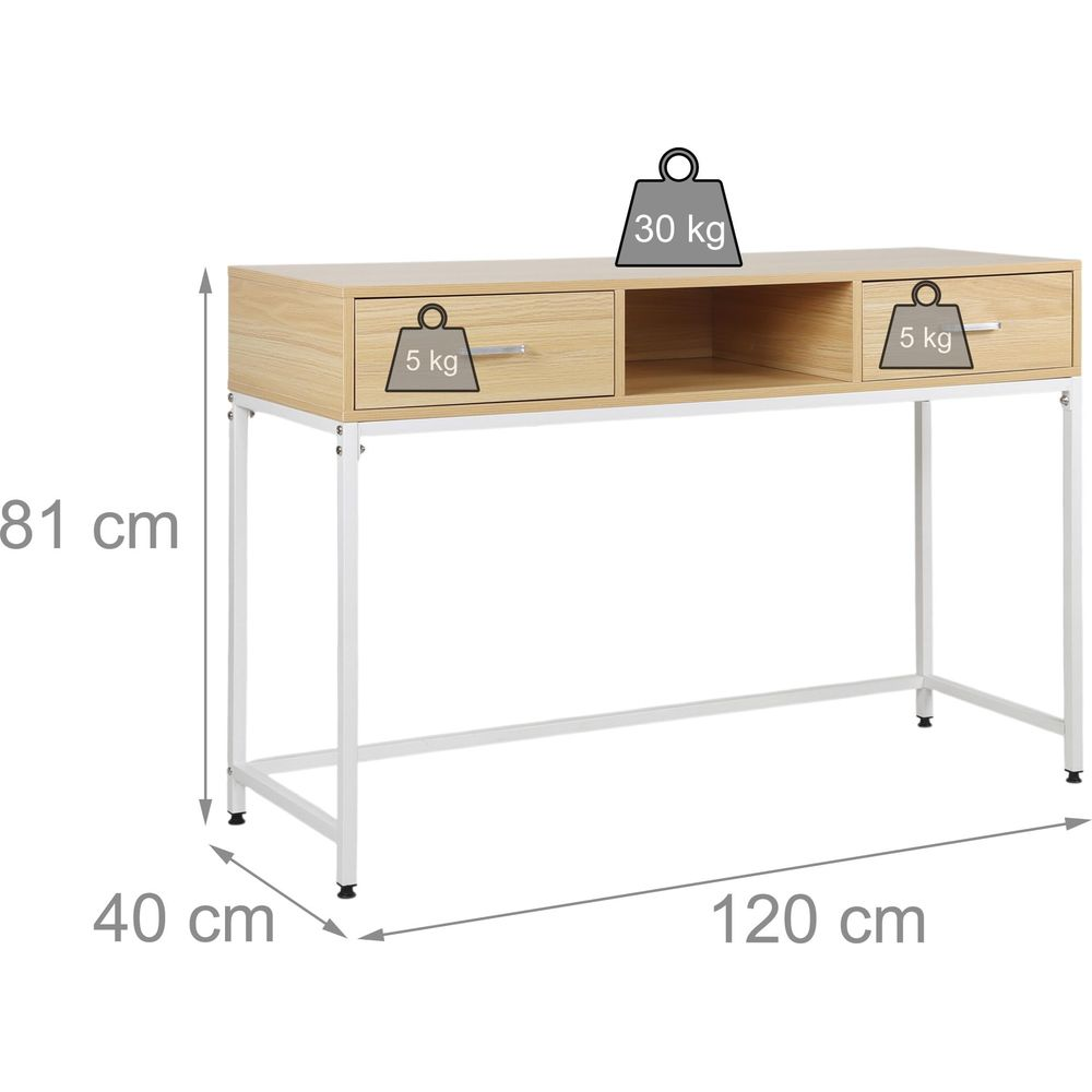 Holzkonsole mit 2 Schubladen, 30 kg und 5 kg Tragfähigkeit, 81x40x120 cm.