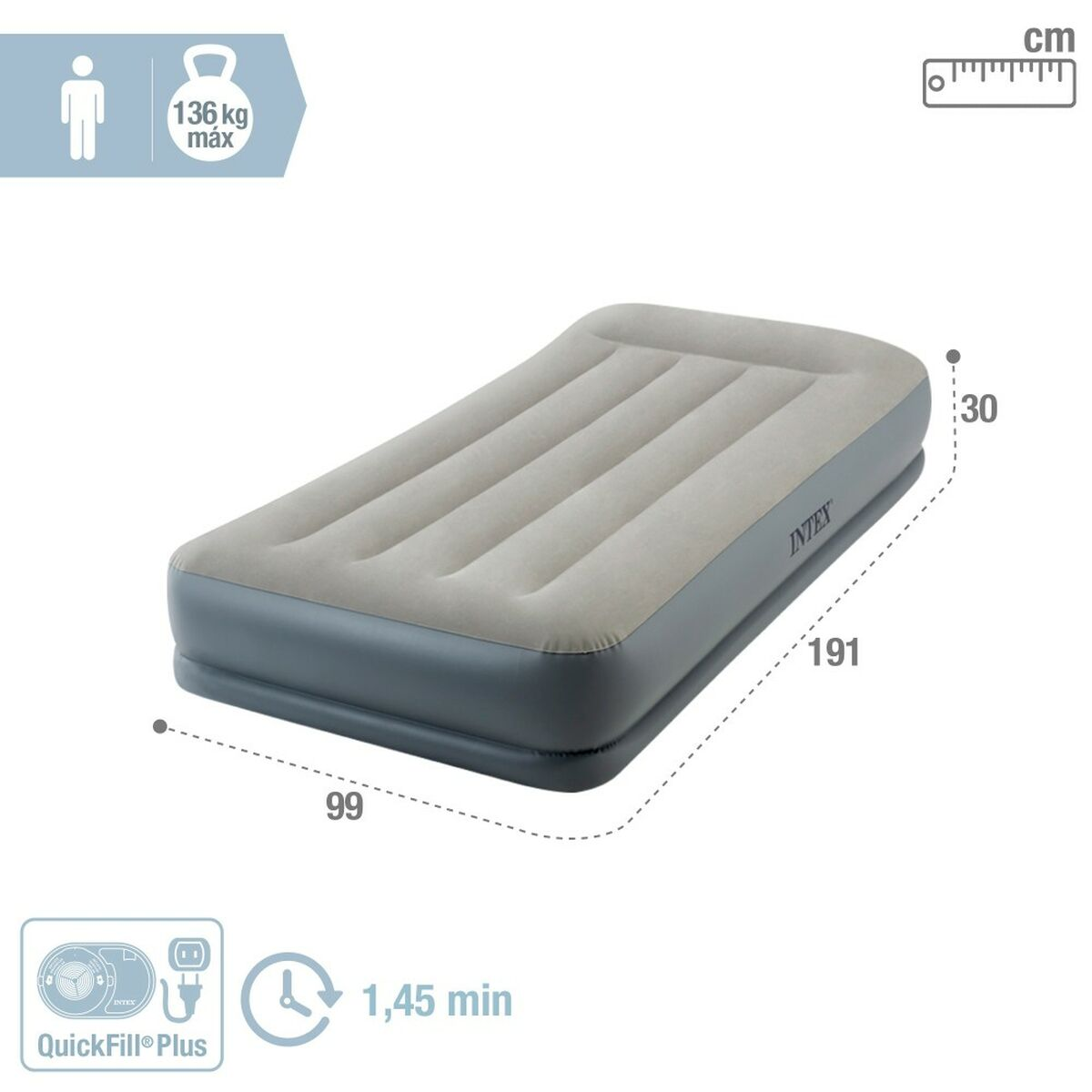 Graue Luftmatratze mit den Maßen 191x99x30cm, 136kg max. Belastbarkeit.