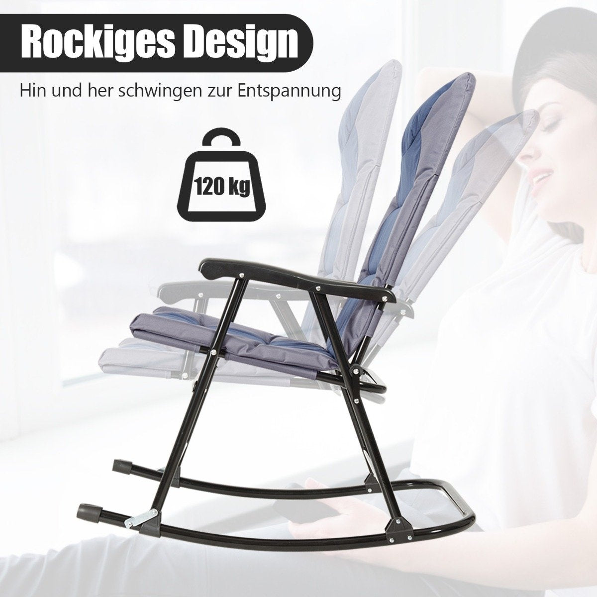 A gray rocking chair with a 120 kg weight limit, next to a woman.