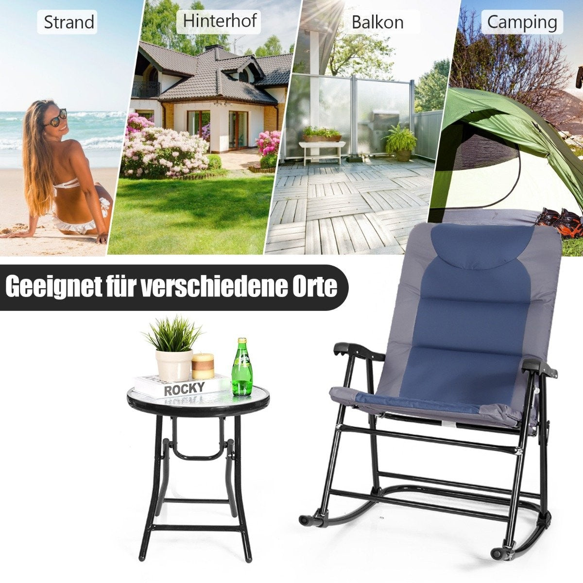 Folding chair and table with decor in front of collage of beach, house, balcony, camping.