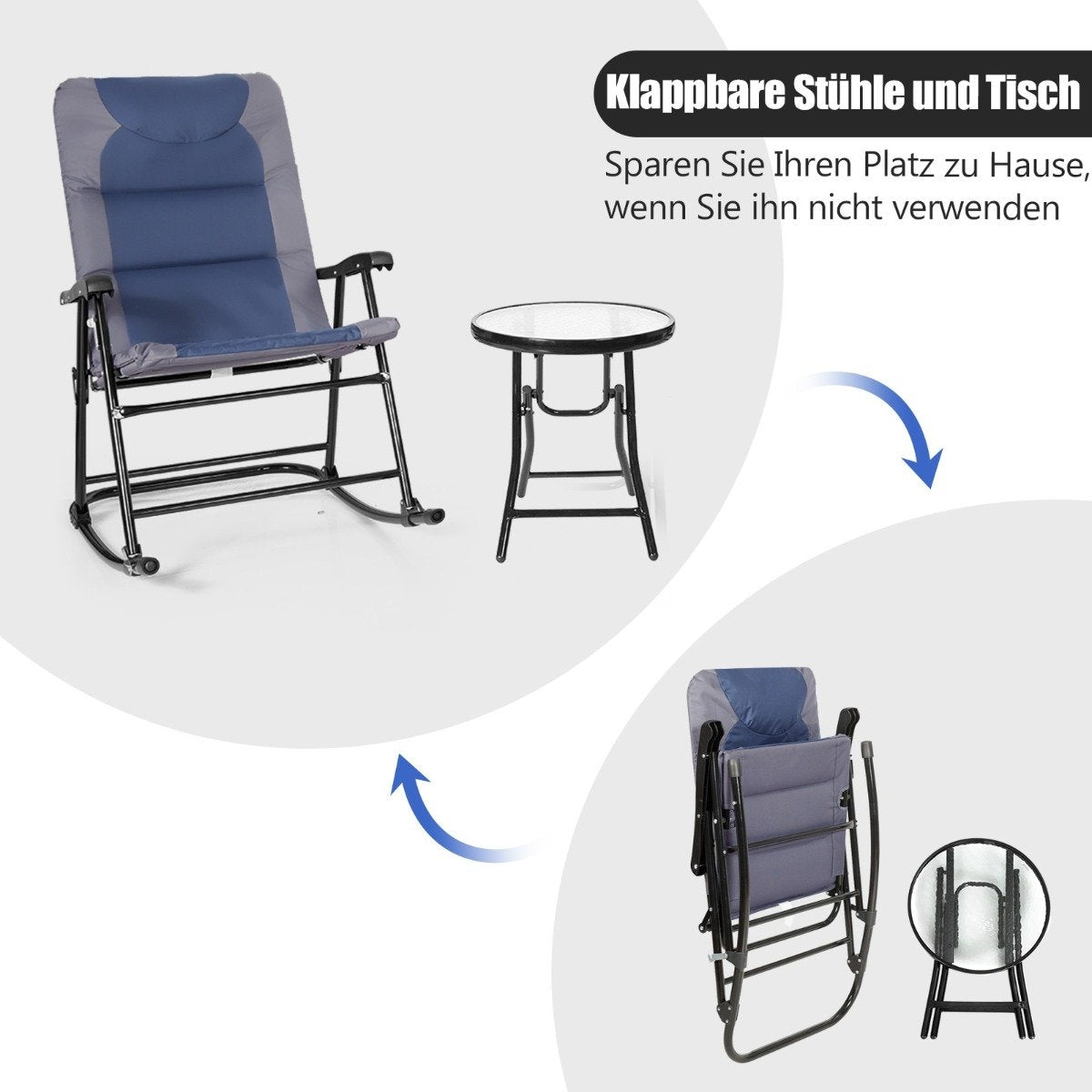 A blue rocking chair and a small table, both foldable.