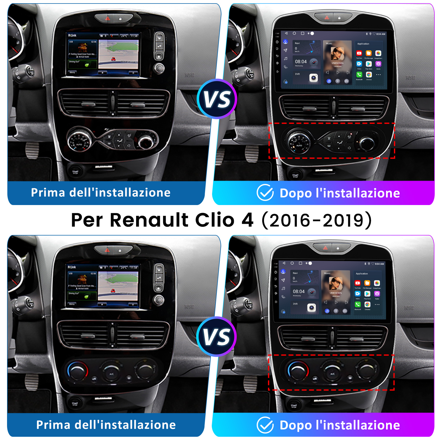 Confronto tra due cruscotti Renault Clio 4: Prima e dopo l'installazione di un nuovo sistema di infotainment.