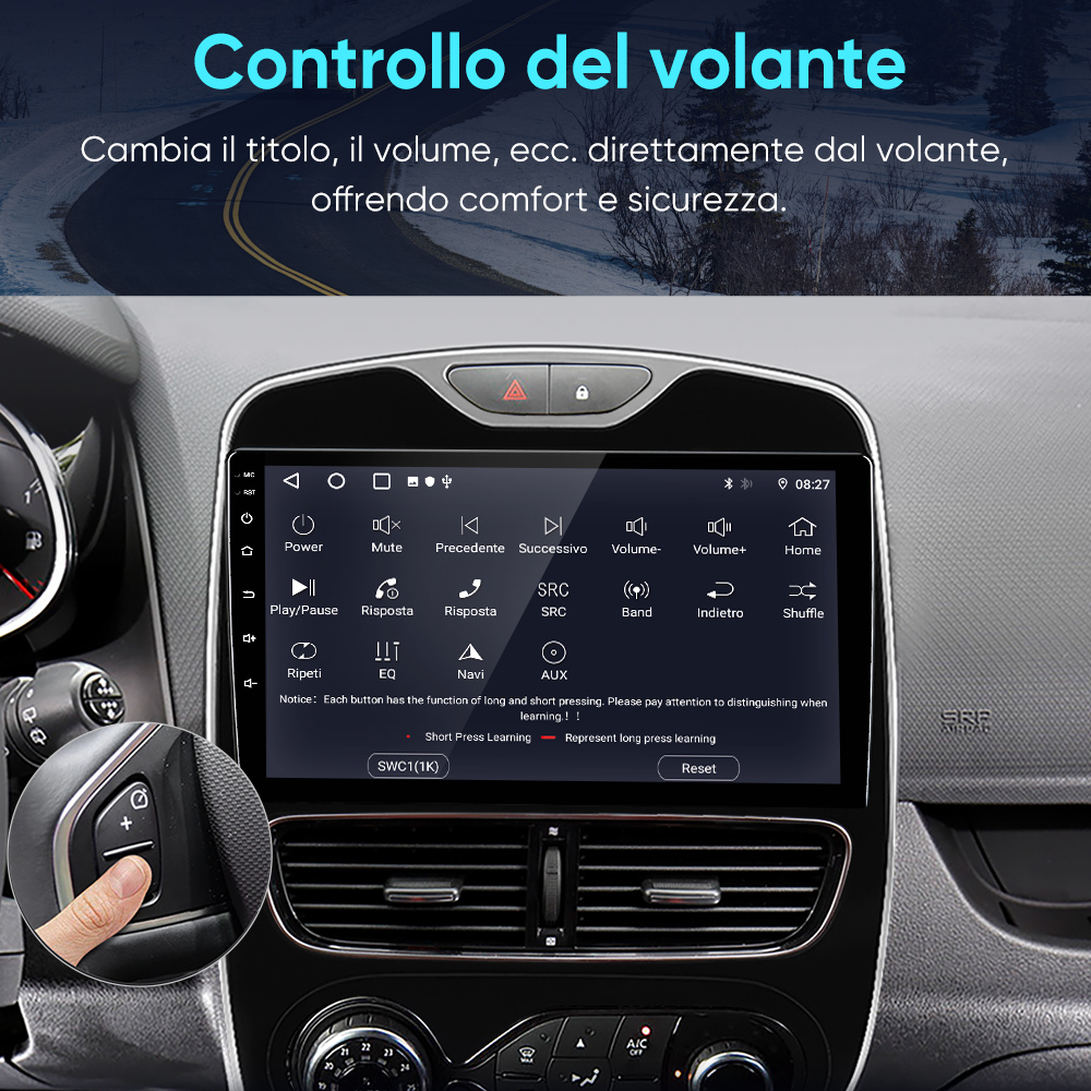 Cruscotto auto con comandi al volante e opzioni di menu.