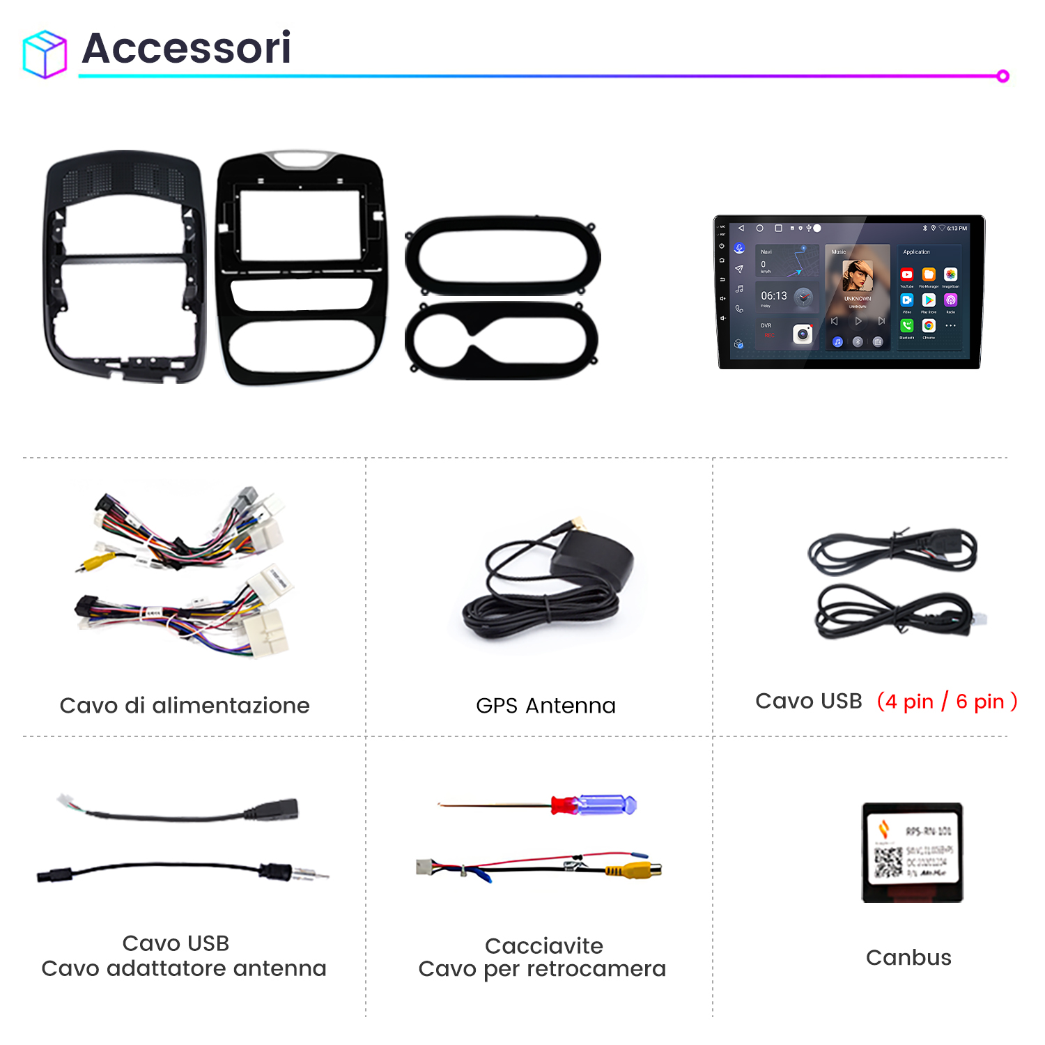 Accessori: Cornice di montaggio, display autoradio, cavi, antenna, cacciavite e Canbus.