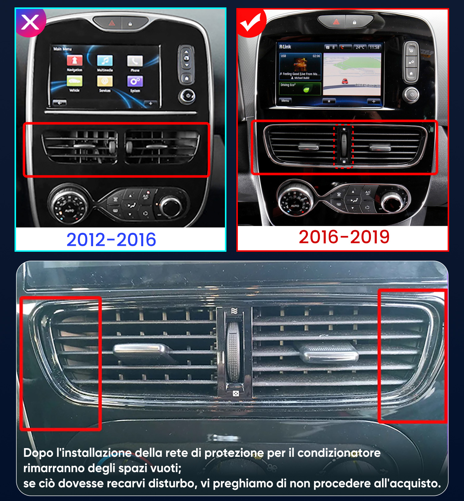 Vengono confrontate due bocchette dell'aria condizionata dell'auto, una dal 2012-2016 e una dal 2016-2019.