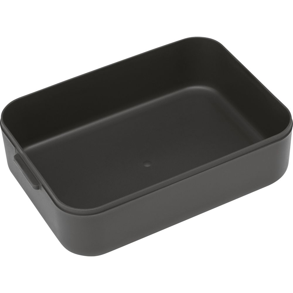 Un contenitore rettangolare in plastica grigio scuro con bordo basso e manici laterali.