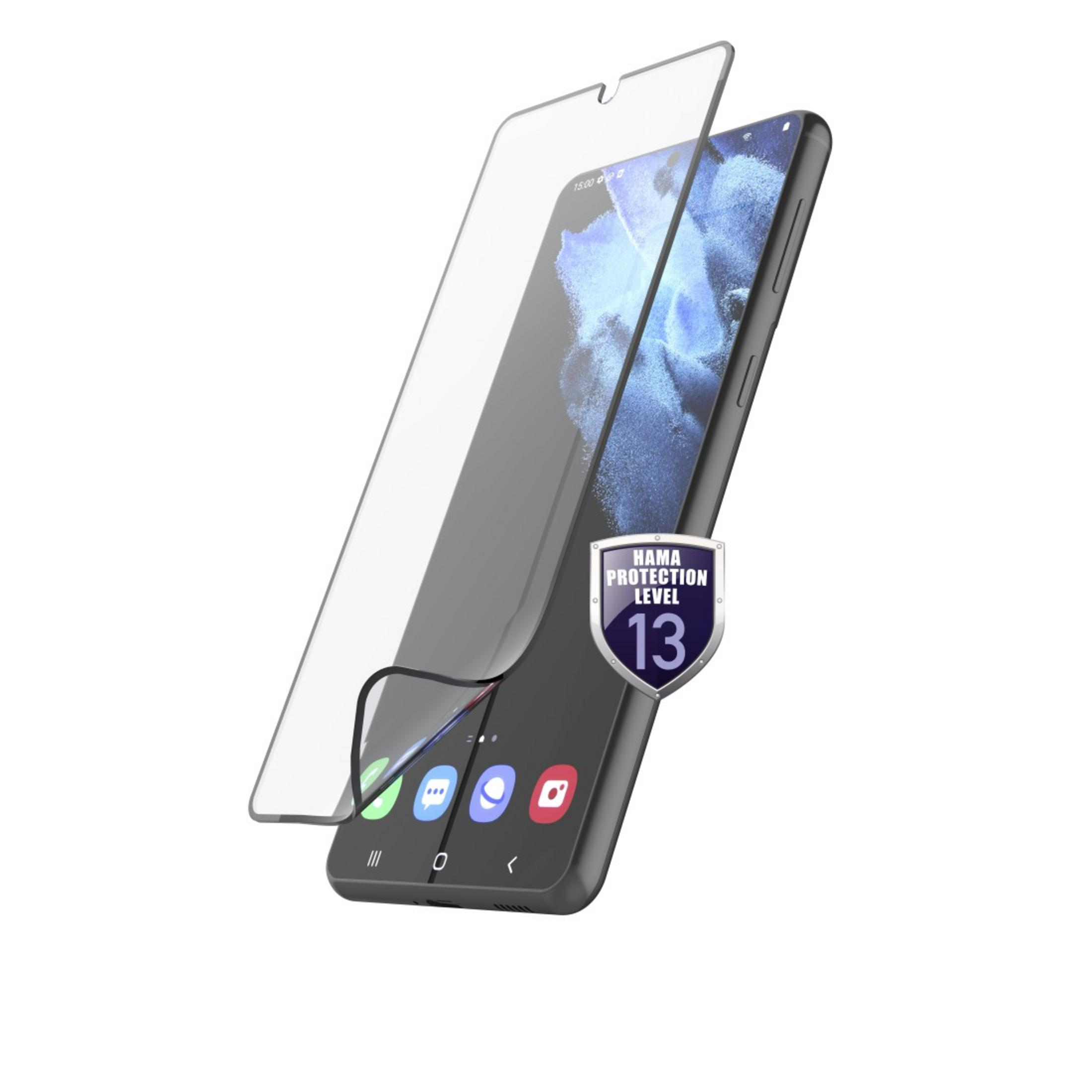 Uno smartphone con pellicola protettiva e badge Hama Livello Protezione 13.