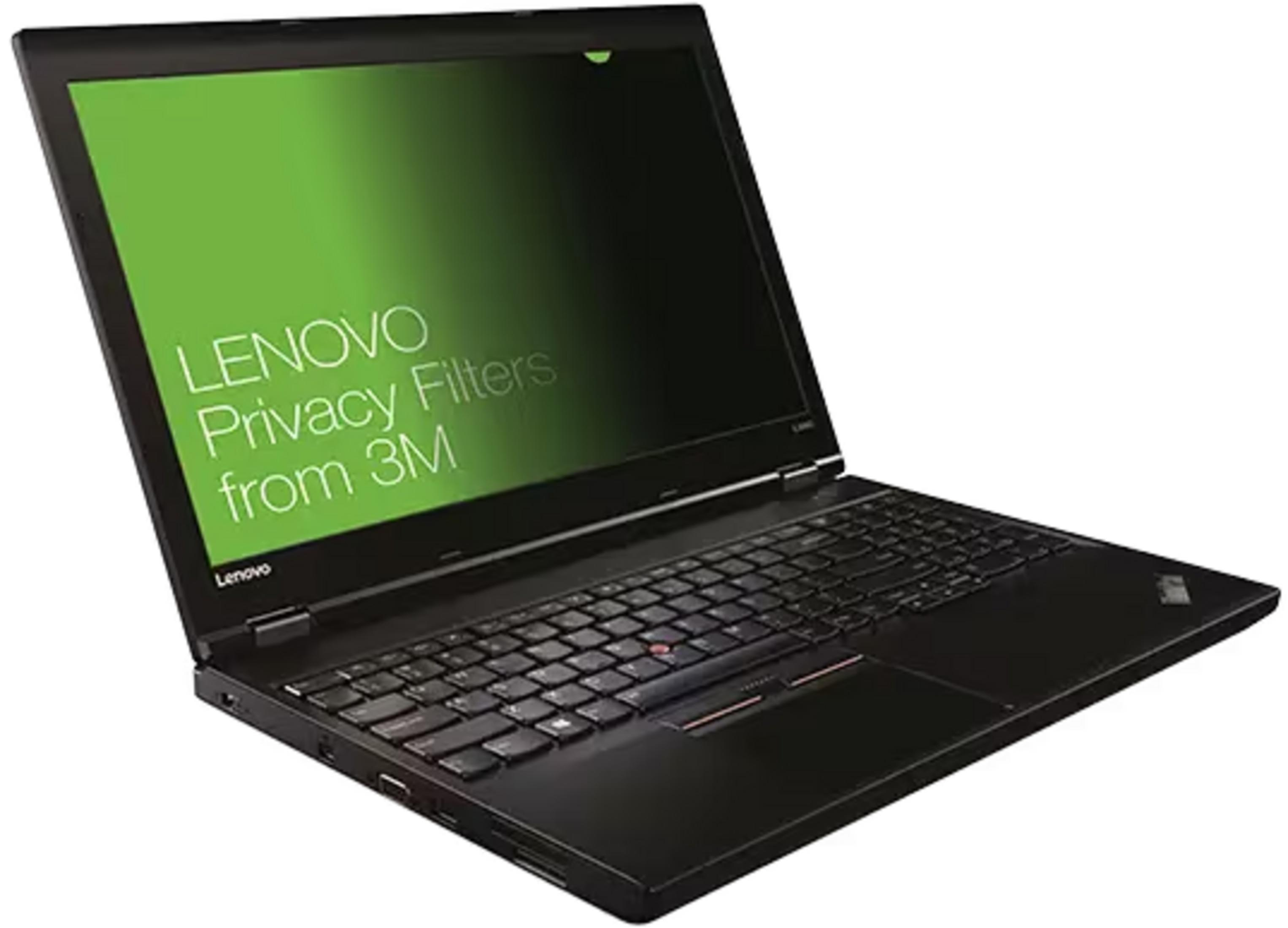 Un laptop Lenovo nero con schermo verde brillante che mostra 'Lenovo Privacy Filters from 3M'.