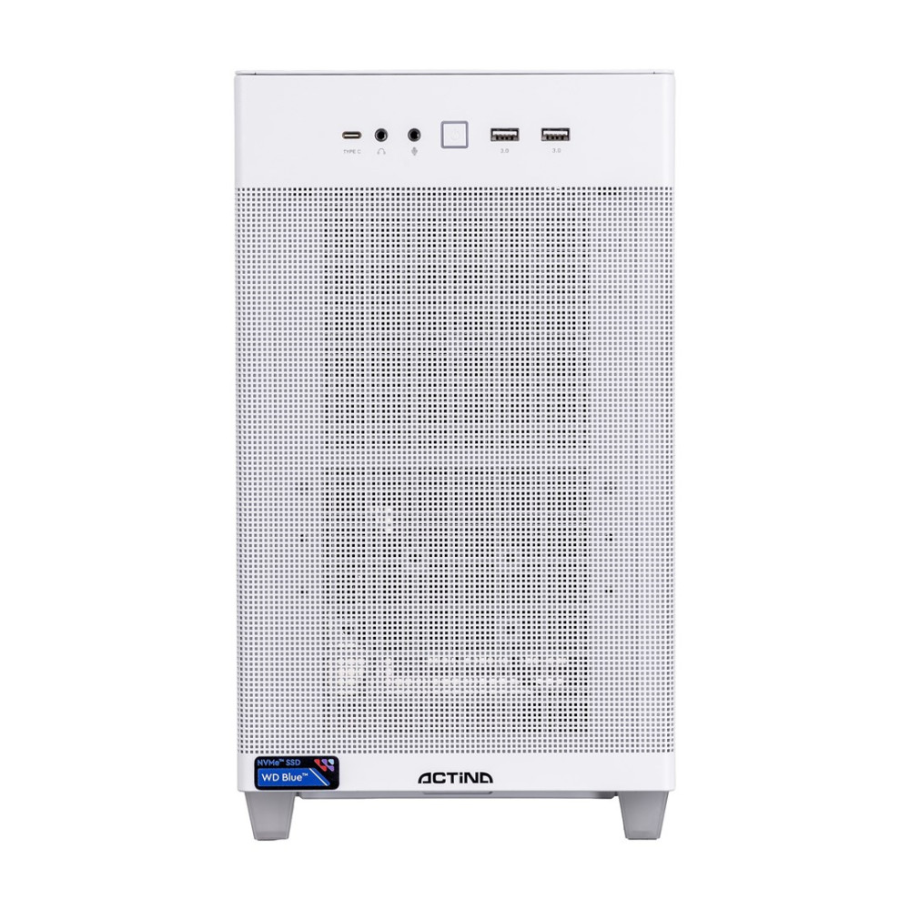 Tower bianco per computer con porte USB e pannello frontale forato.