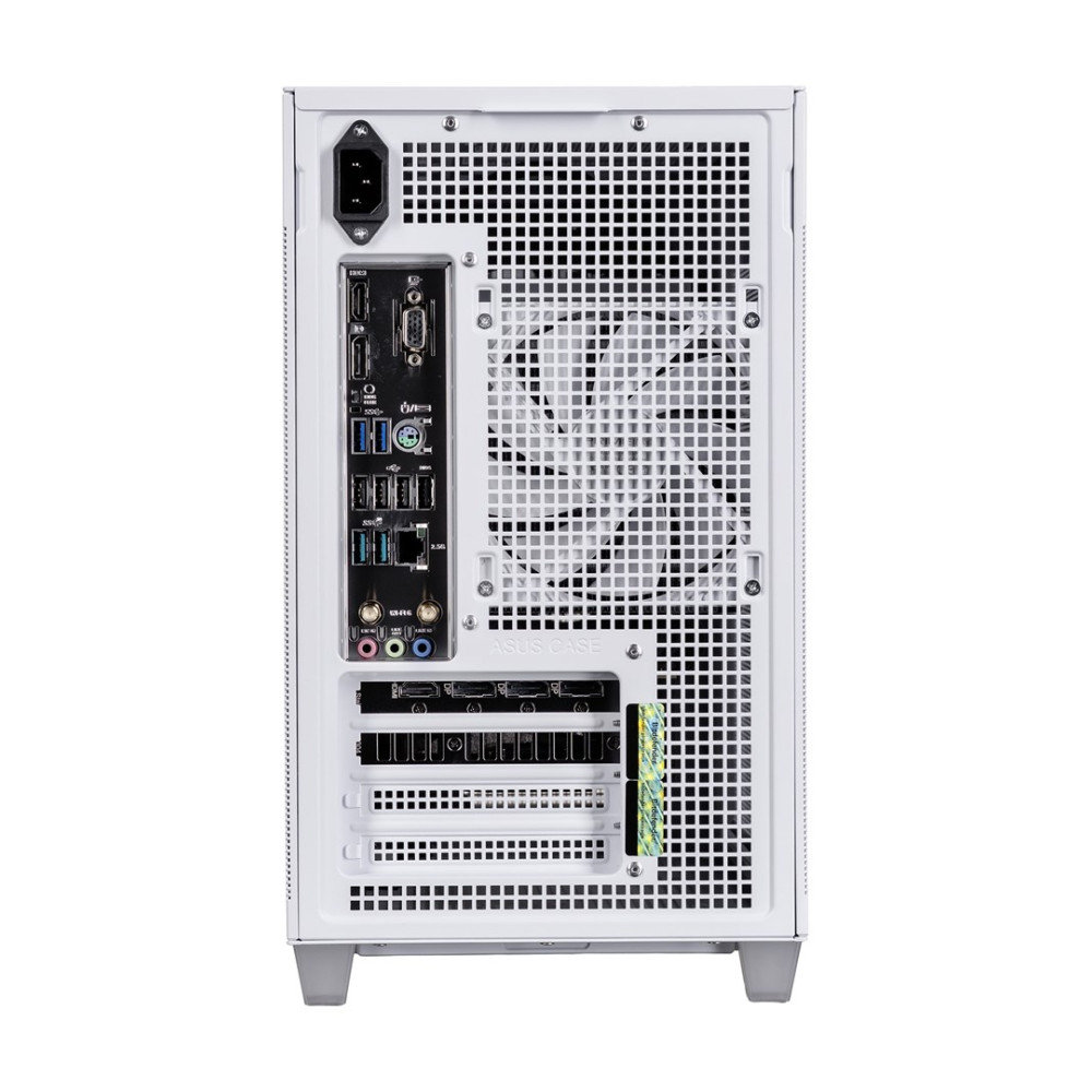 Vista posteriore di un case PC bianco con ventola, porte e slot di espansione.