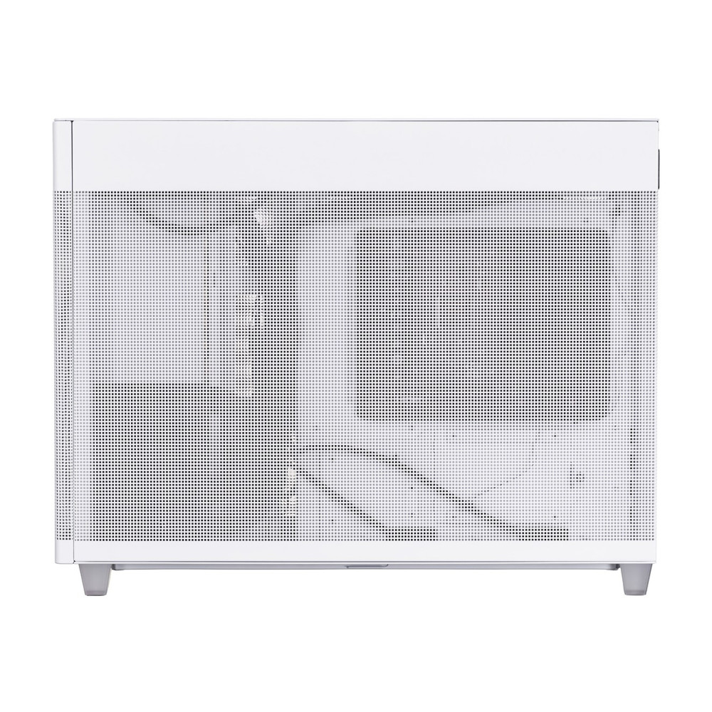 Un case per computer bianco con lati perforati e piedini grigi.