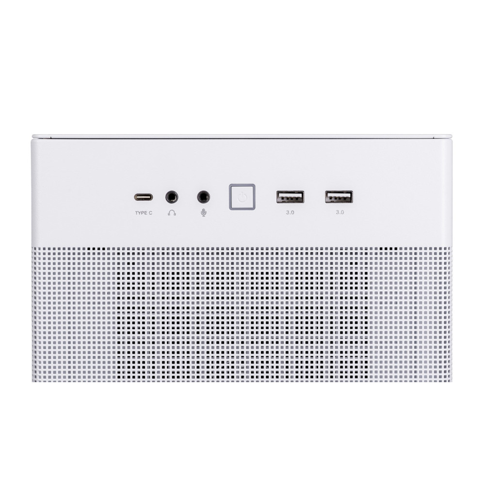 Dispositivo bianco con porta Type-C, cuffie, microfono, pulsante di accensione e due porte USB 3.0.