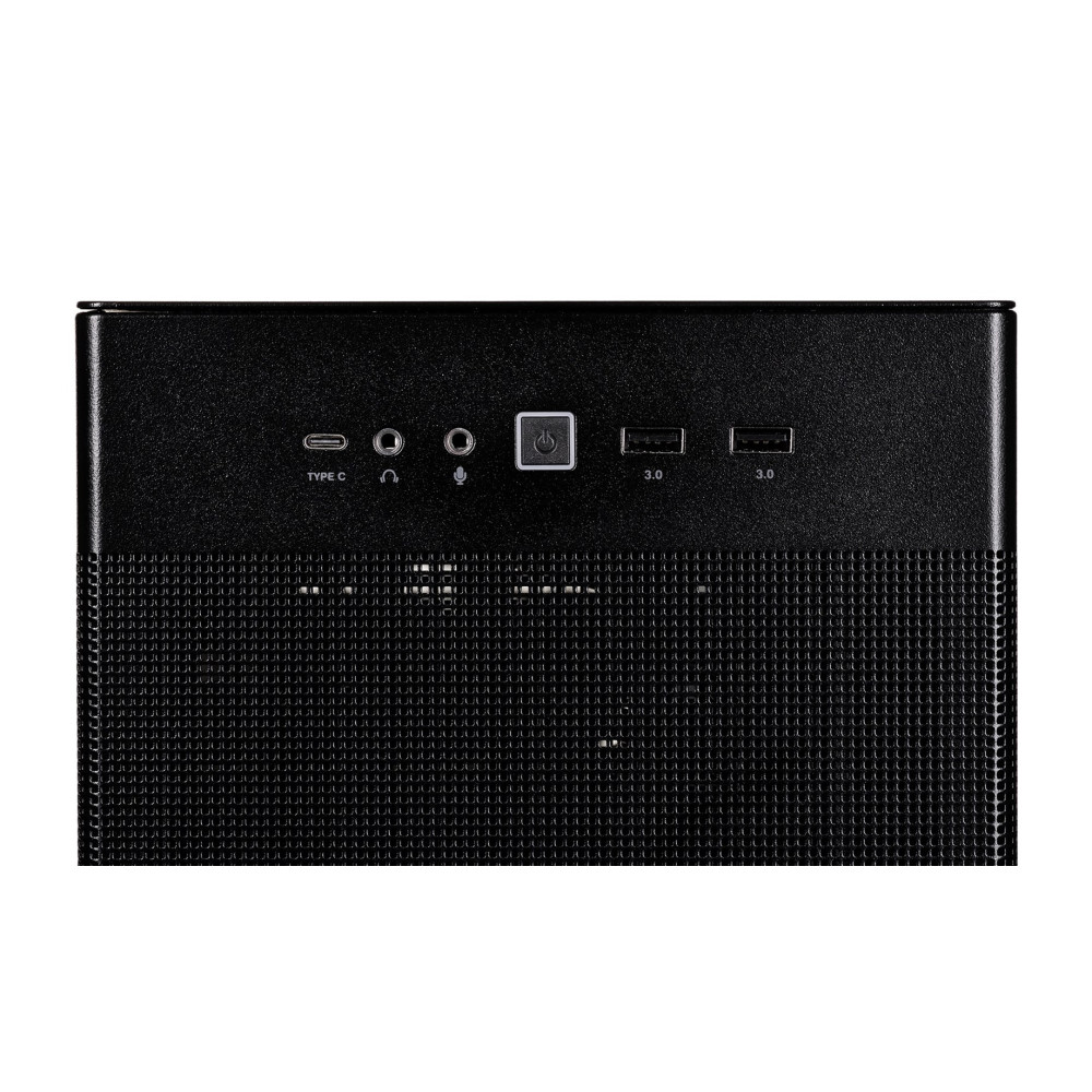 Czarny panel przedni obudowy PC z USB-C, gniazdami audio, przyciskiem zasilania i portami USB 3.0.